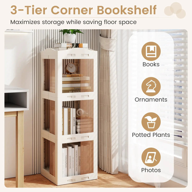 3-Tier Foldable Rotating Bookshelf with Swivel Base and Translucent Panels-White by DirectDeals