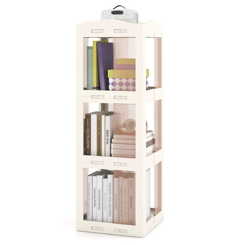 3-Tier Foldable Rotating Bookshelf with Swivel Base and Translucent Panels-White by DirectDeals
