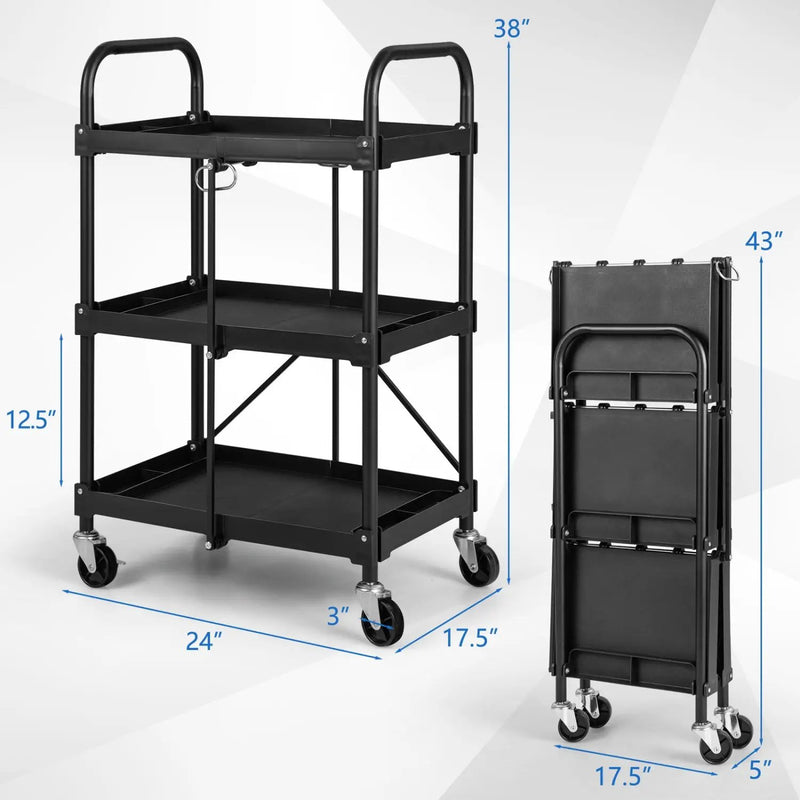 3-Tier Folding Utility Cart with Wheels - Heavy Duty by DirectDeals