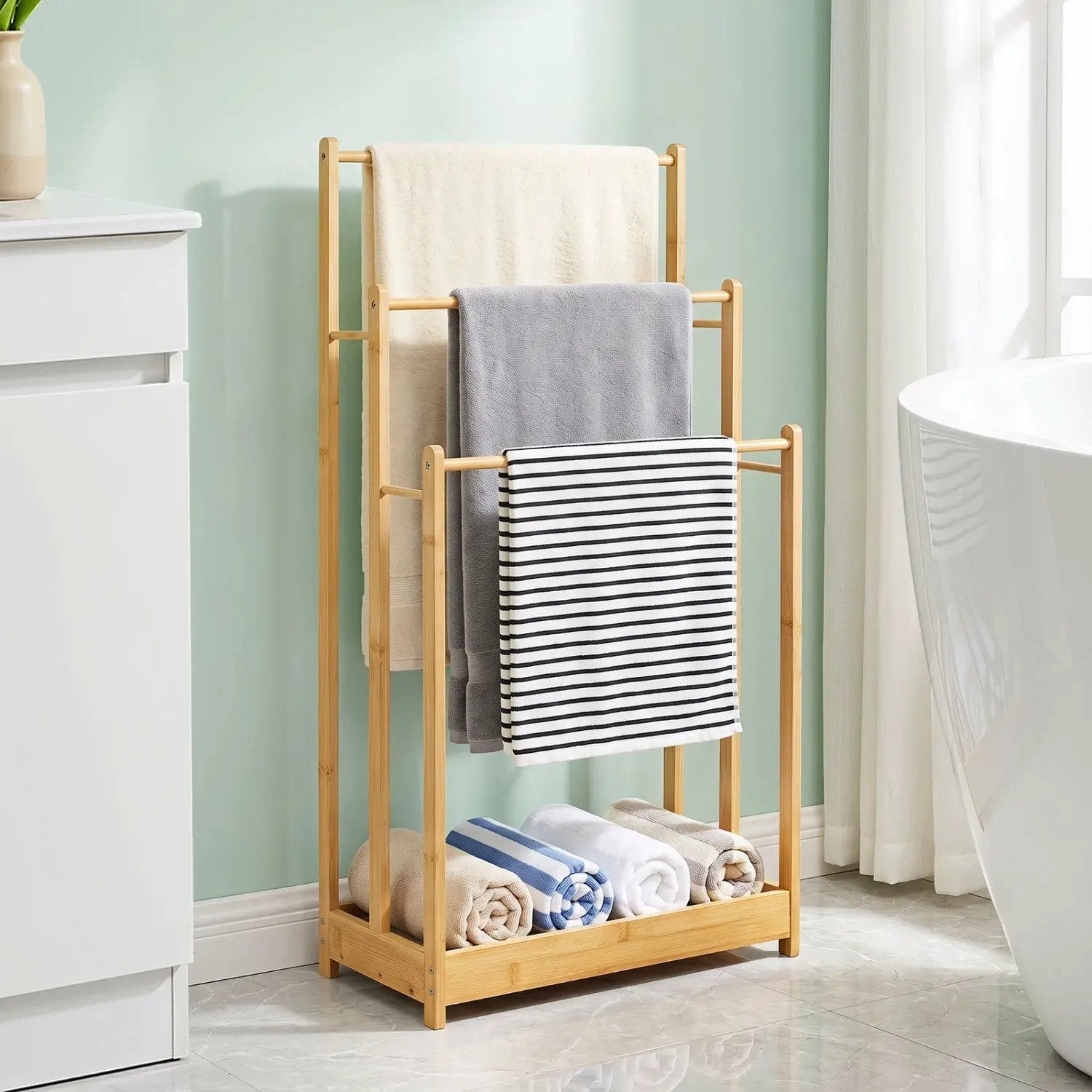 3-Tier Bamboo Towel Rack with Storage Shelf by DirectDeals