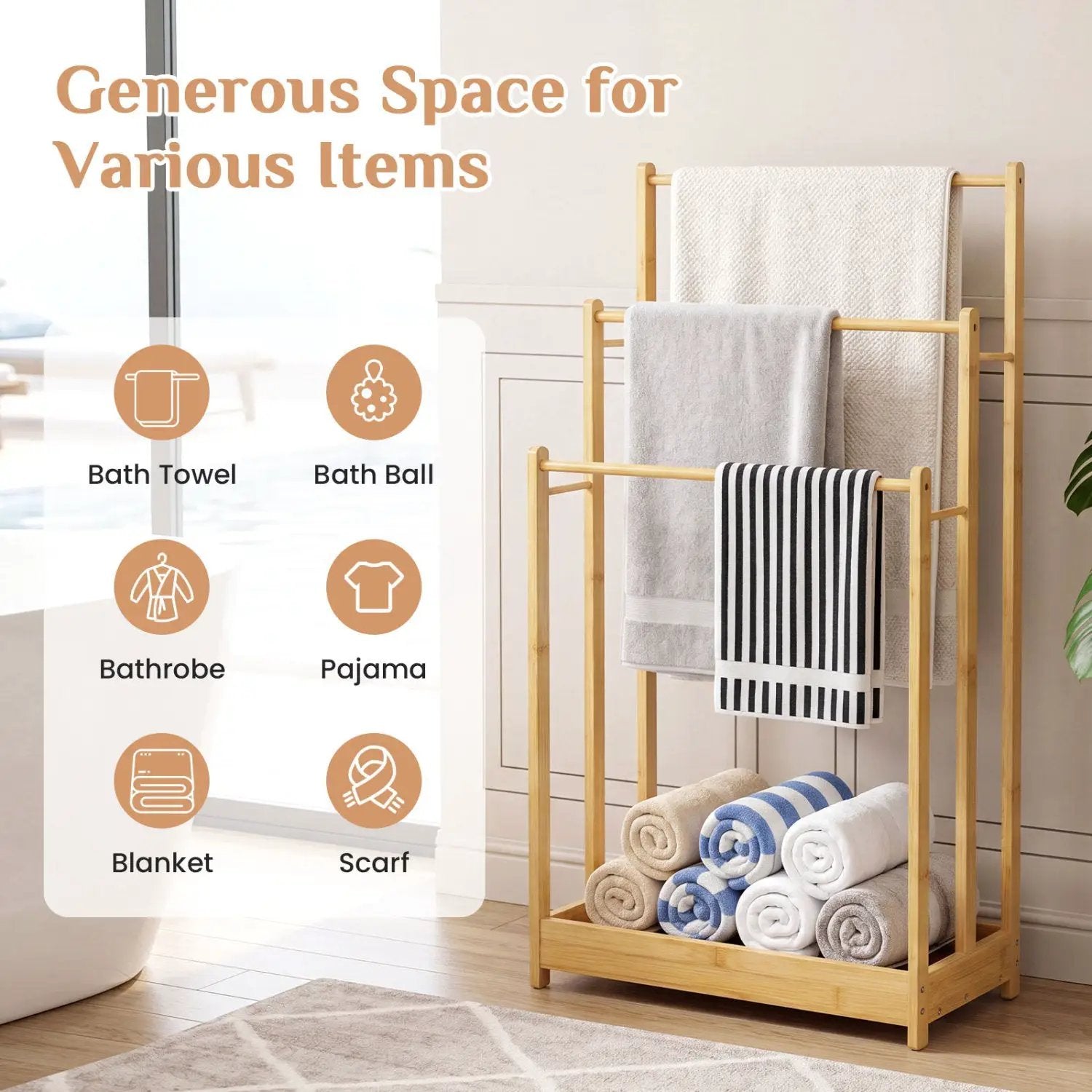 3-Tier Bamboo Towel Rack with Storage Shelf by DirectDeals