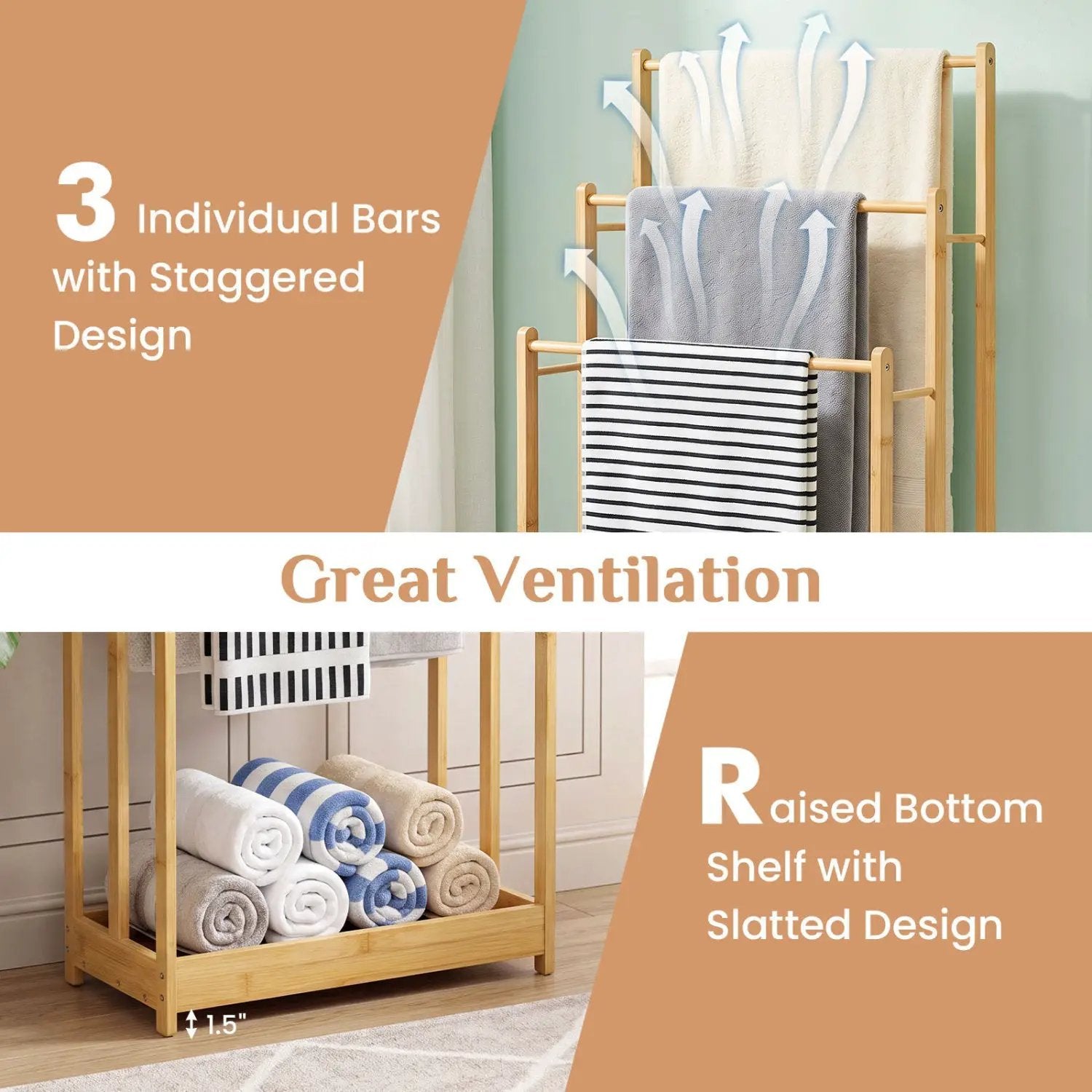 3-Tier Bamboo Towel Rack with Storage Shelf by DirectDeals
