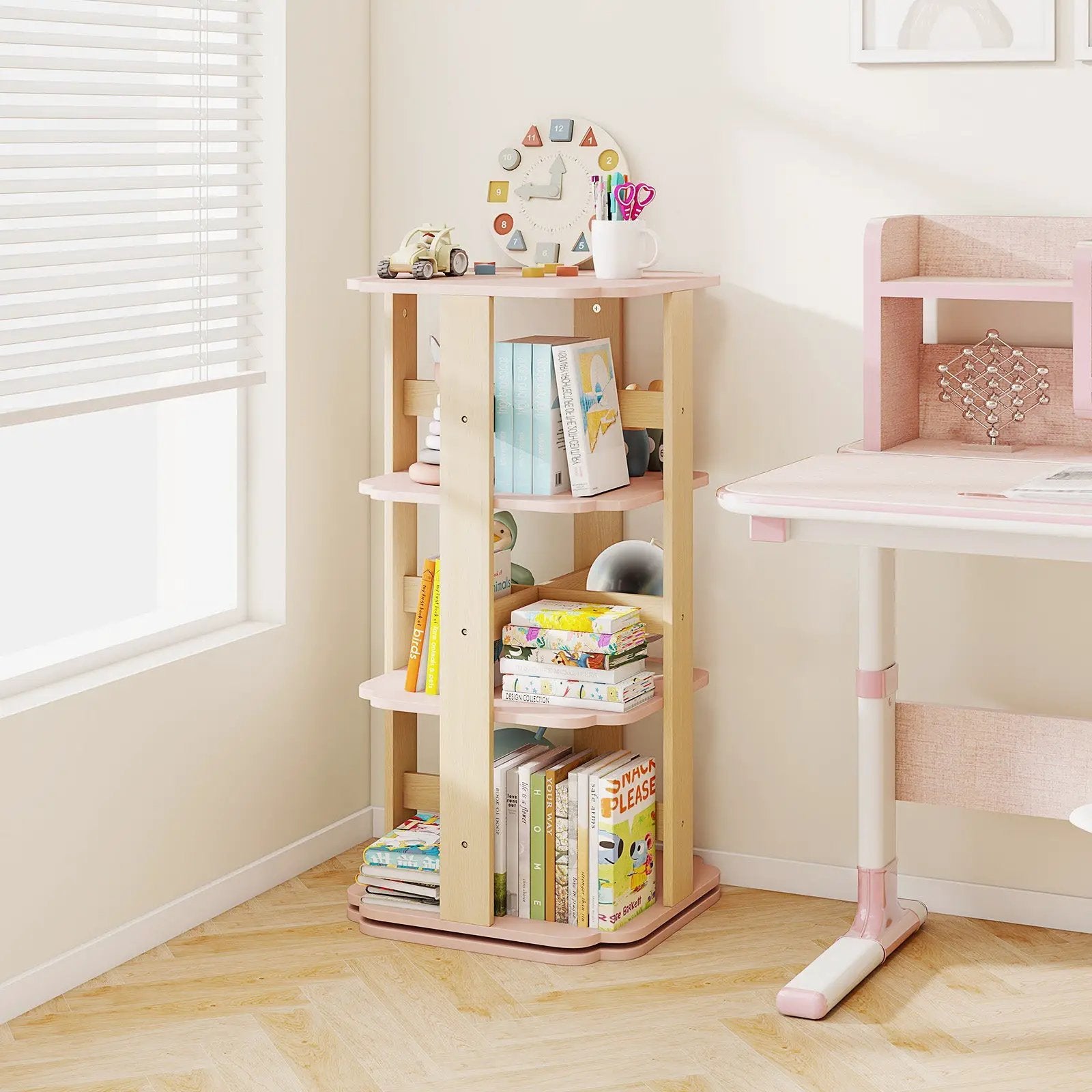 3-Tier Freestanding Corner Toddler Book Rack with 12 Sectors-Pink by DirectDeals