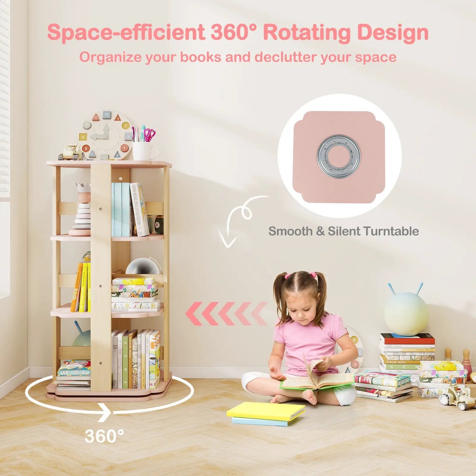 3-Tier Freestanding Corner Toddler Book Rack with 12 Sectors-Pink by DirectDeals