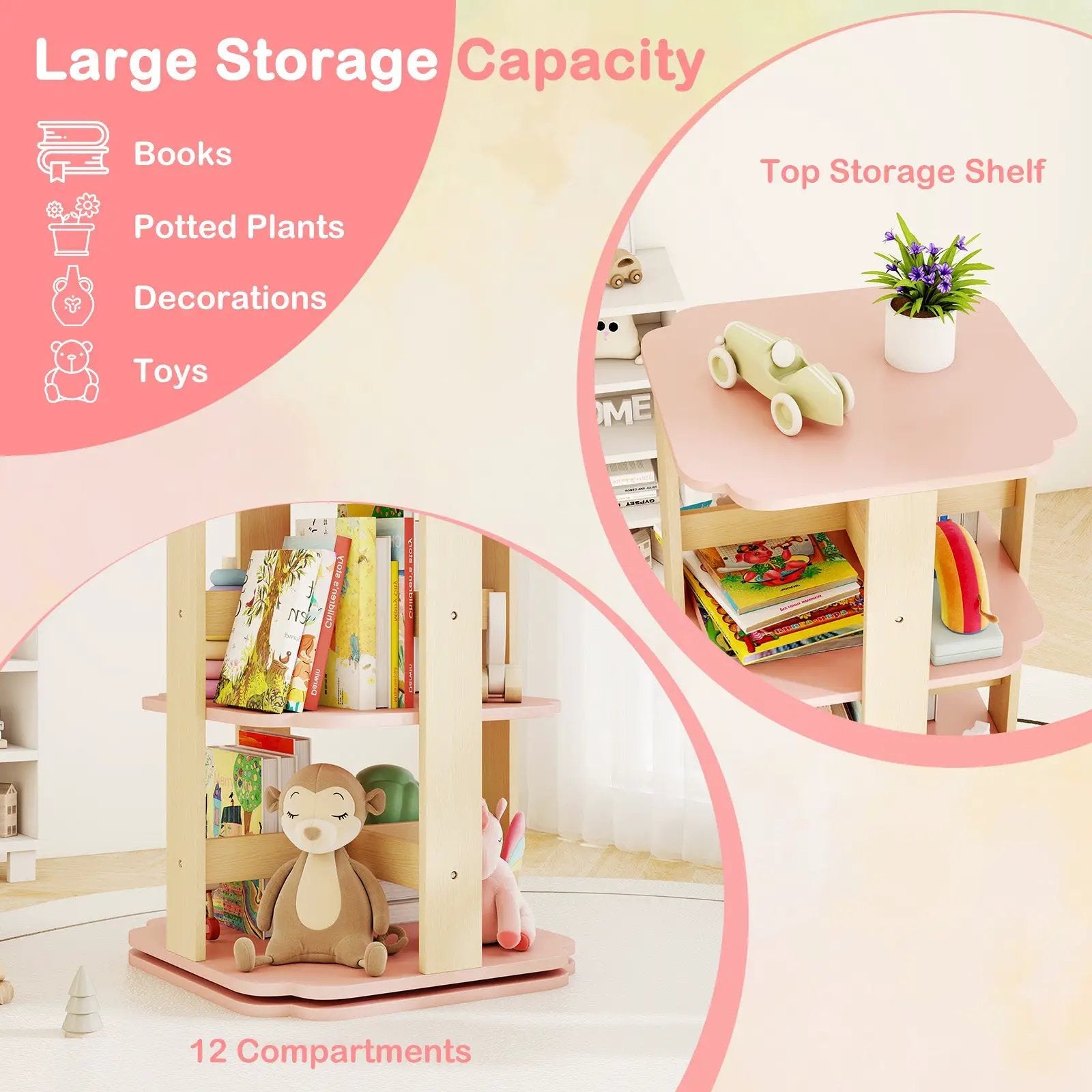 3-Tier Freestanding Corner Toddler Book Rack with 12 Sectors-Pink by DirectDeals