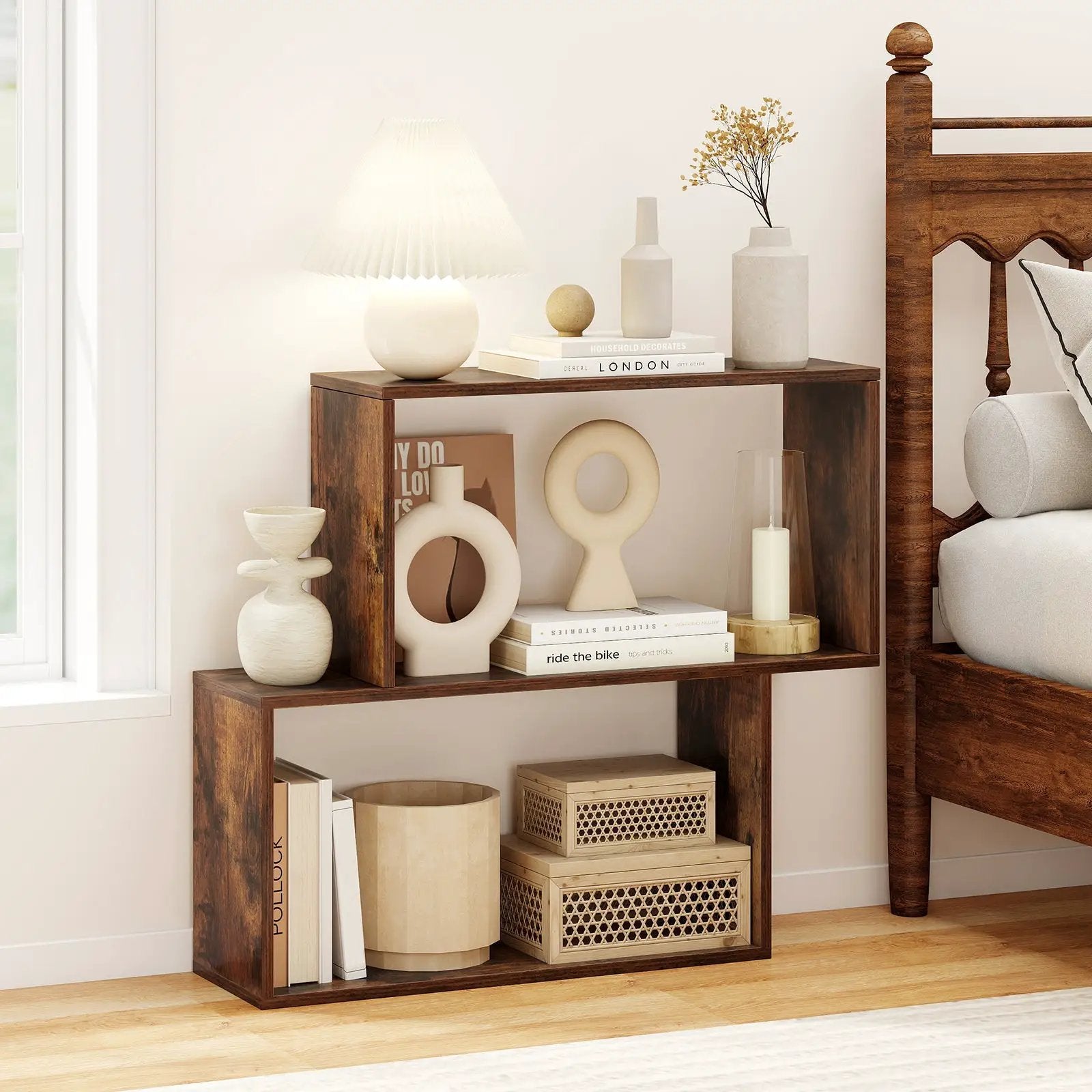 3-Tier Geometric Bookshelf Freestanding Wooden Bookcase with 2 Cubic Compartments-Brown by DirectDeals
