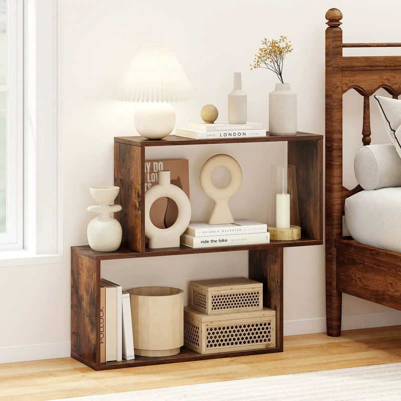 3-Tier Geometric Bookshelf Freestanding Wooden Bookcase with 2 Cubic Compartments-Brown by DirectDeals