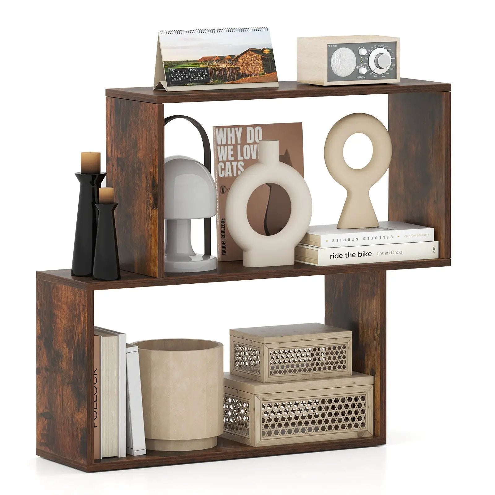 3-Tier Geometric Bookshelf Freestanding Wooden Bookcase with 2 Cubic Compartments-Brown by DirectDeals