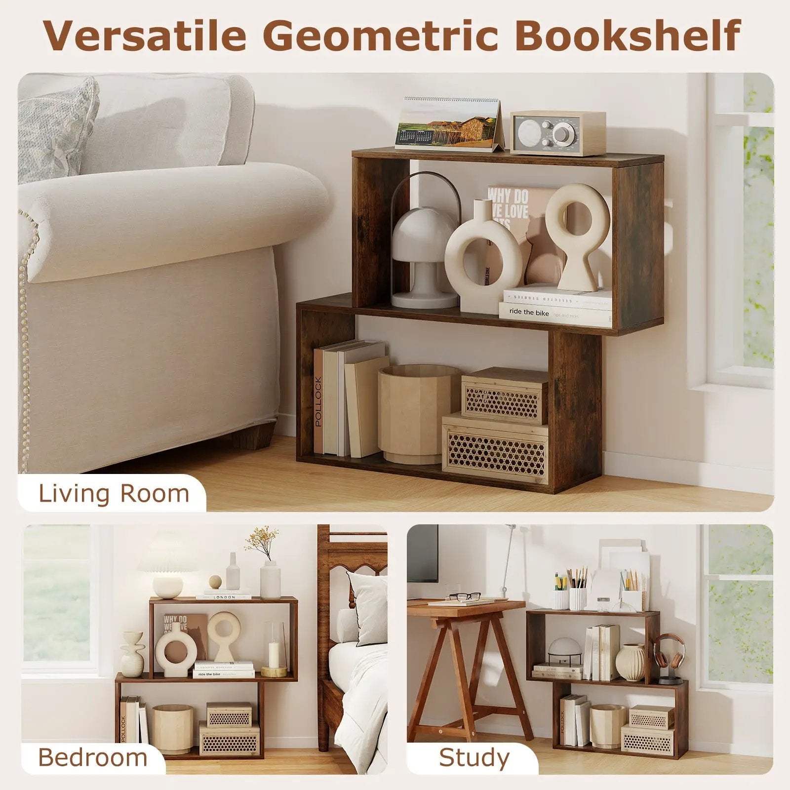 3-Tier Geometric Bookshelf Freestanding Wooden Bookcase with 2 Cubic Compartments-Brown by DirectDeals
