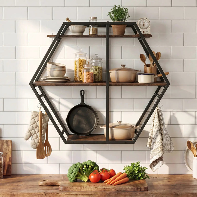 3-Tier Geometric Bookcase with S-Shaped Hooks for Living Room by DirectDeals