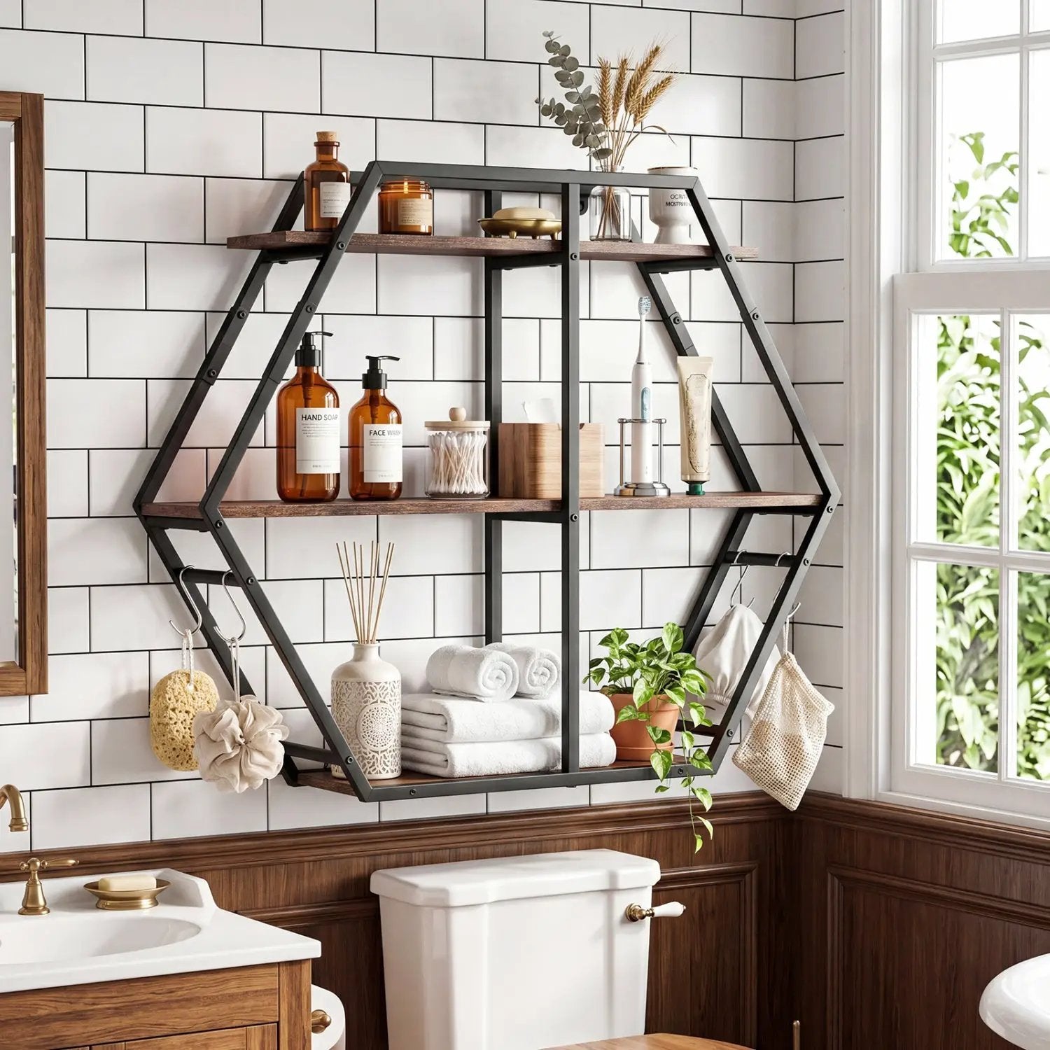 3-Tier Geometric Bookcase with S-Shaped Hooks for Living Room by DirectDeals