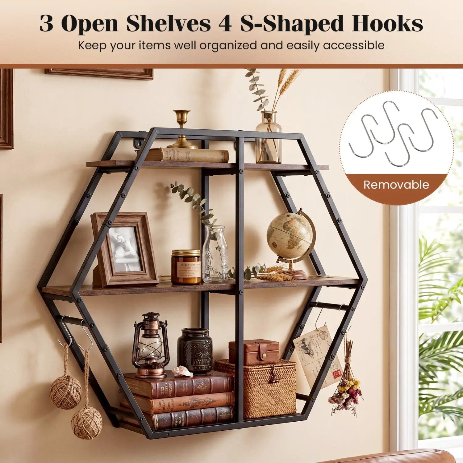 3-Tier Geometric Bookcase with S-Shaped Hooks for Living Room by DirectDeals