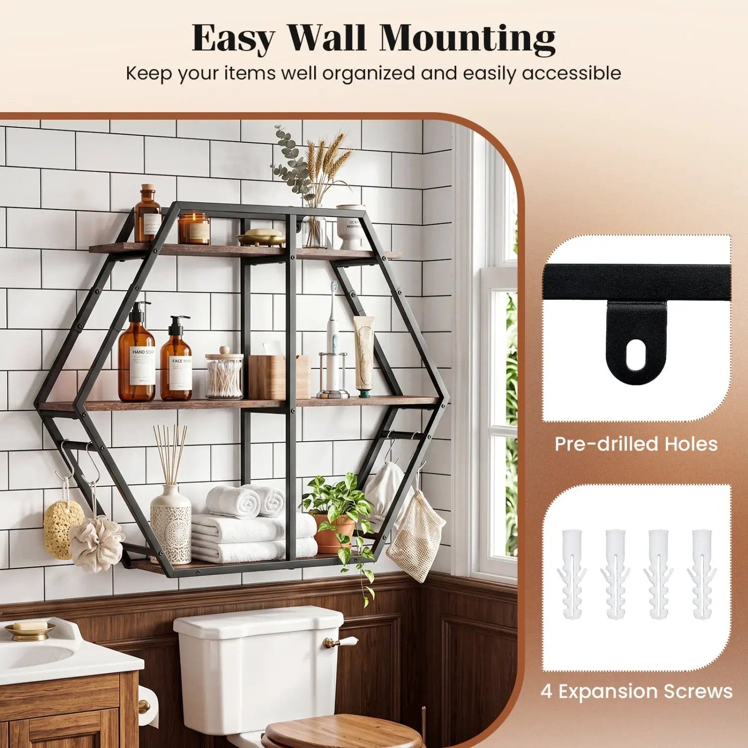 3-Tier Geometric Bookcase with S-Shaped Hooks for Living Room by DirectDeals