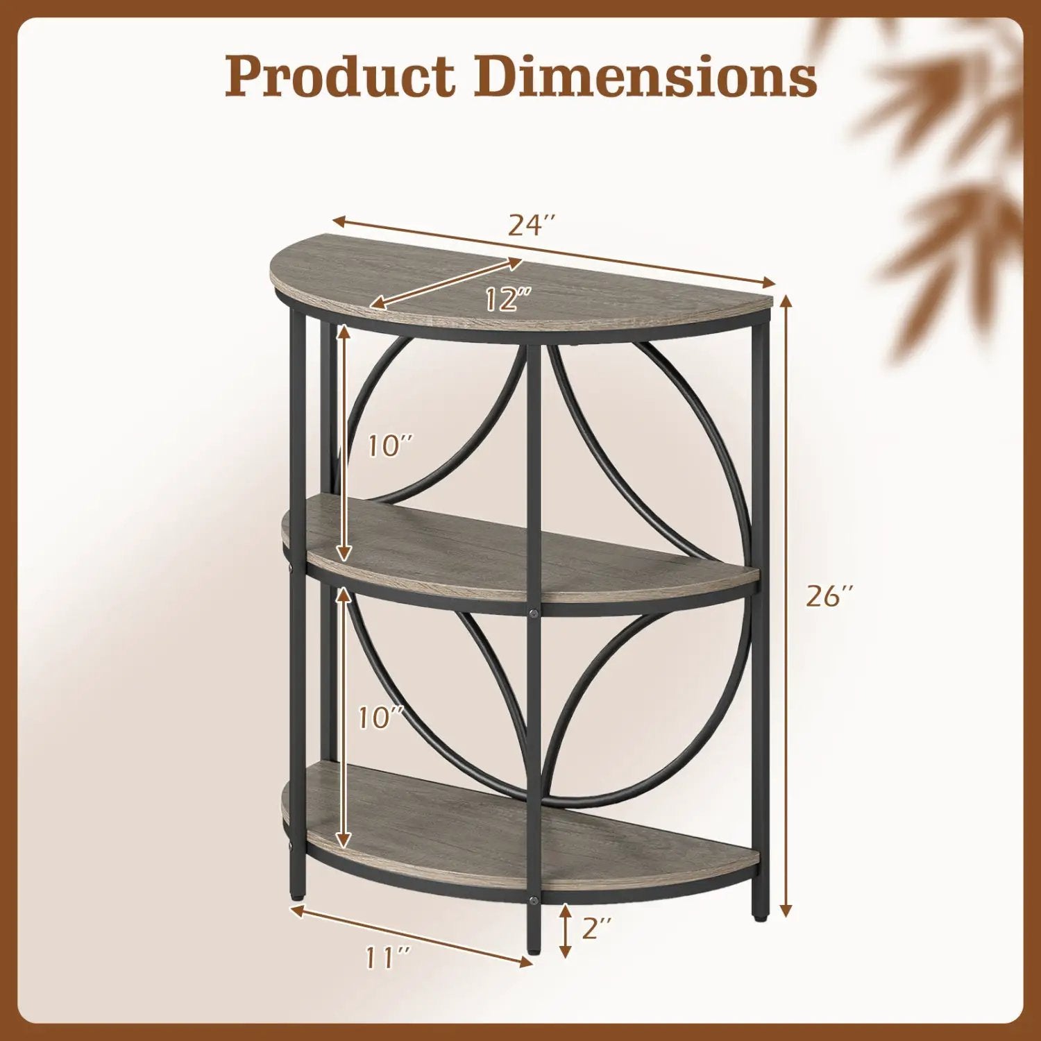 3-Tier Half Round End Table with Study Metal Frame for Living Room by DirectDeals