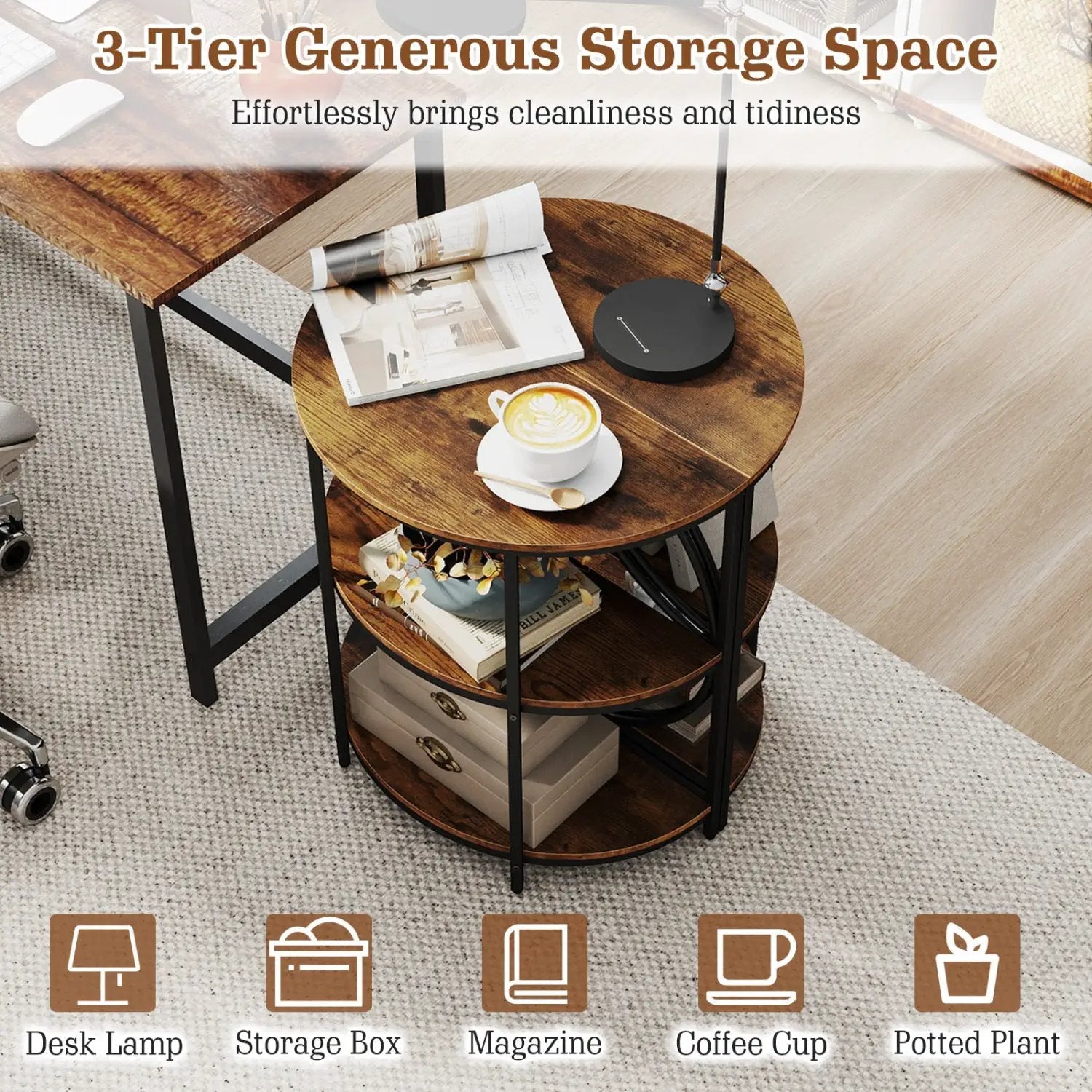 3-Tier Half Round End Table with Study Metal Frame for Living Room by DirectDeals
