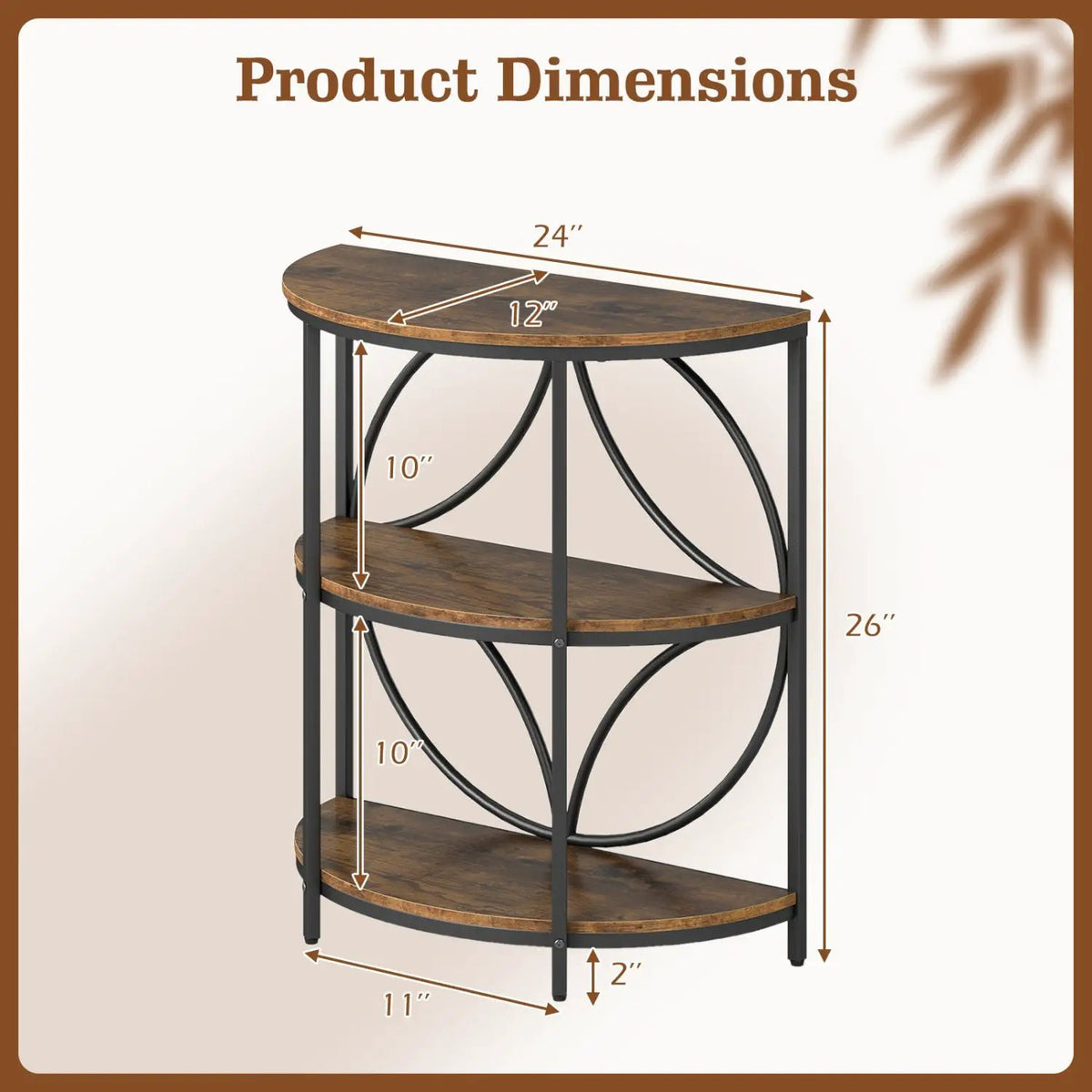 3-Tier Half Round End Table with Study Metal Frame for Living Room by DirectDeals
