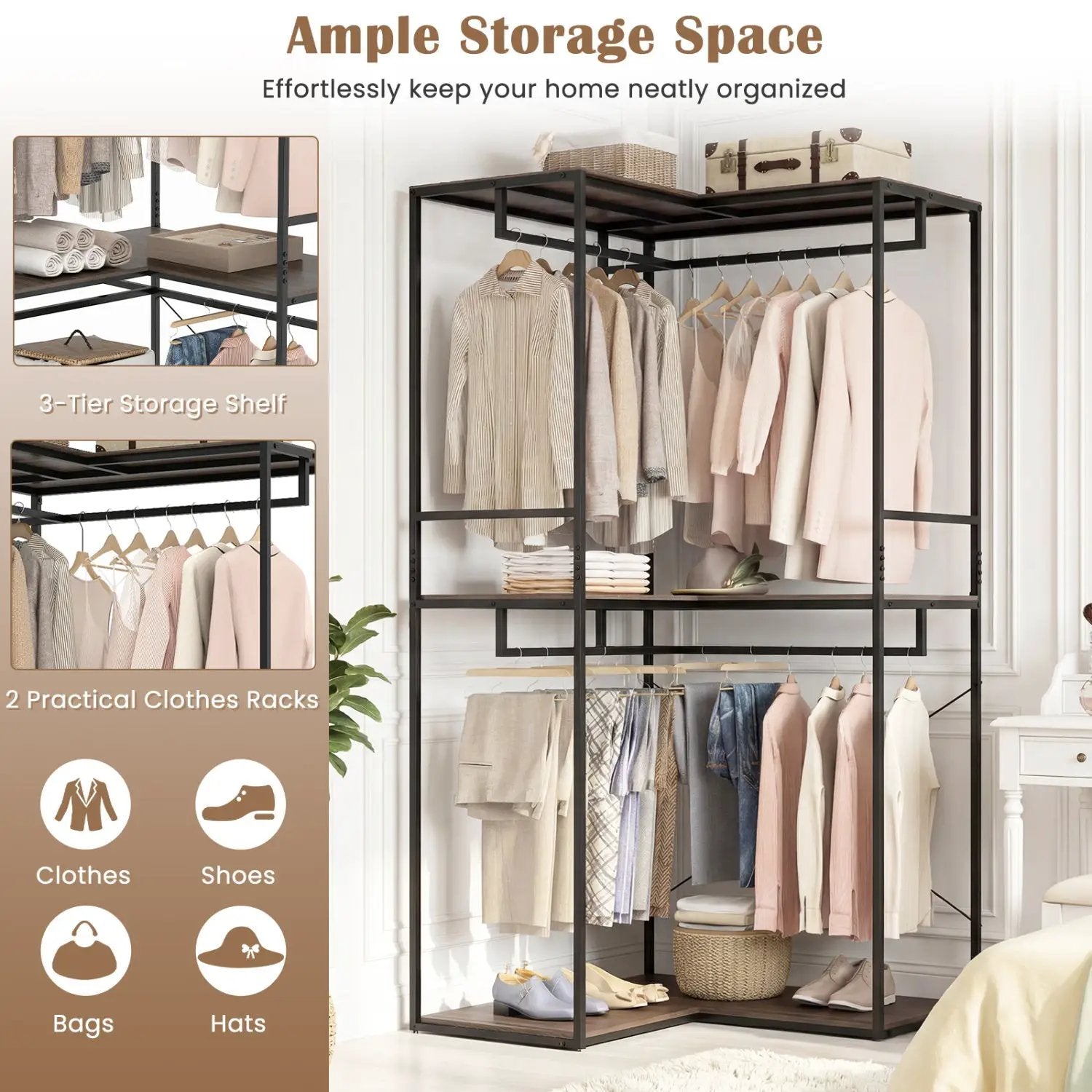 3-Tier Heavy Duty Clothes Rack with 3 Shelves & 2 Hanging Racks by DirectDeals