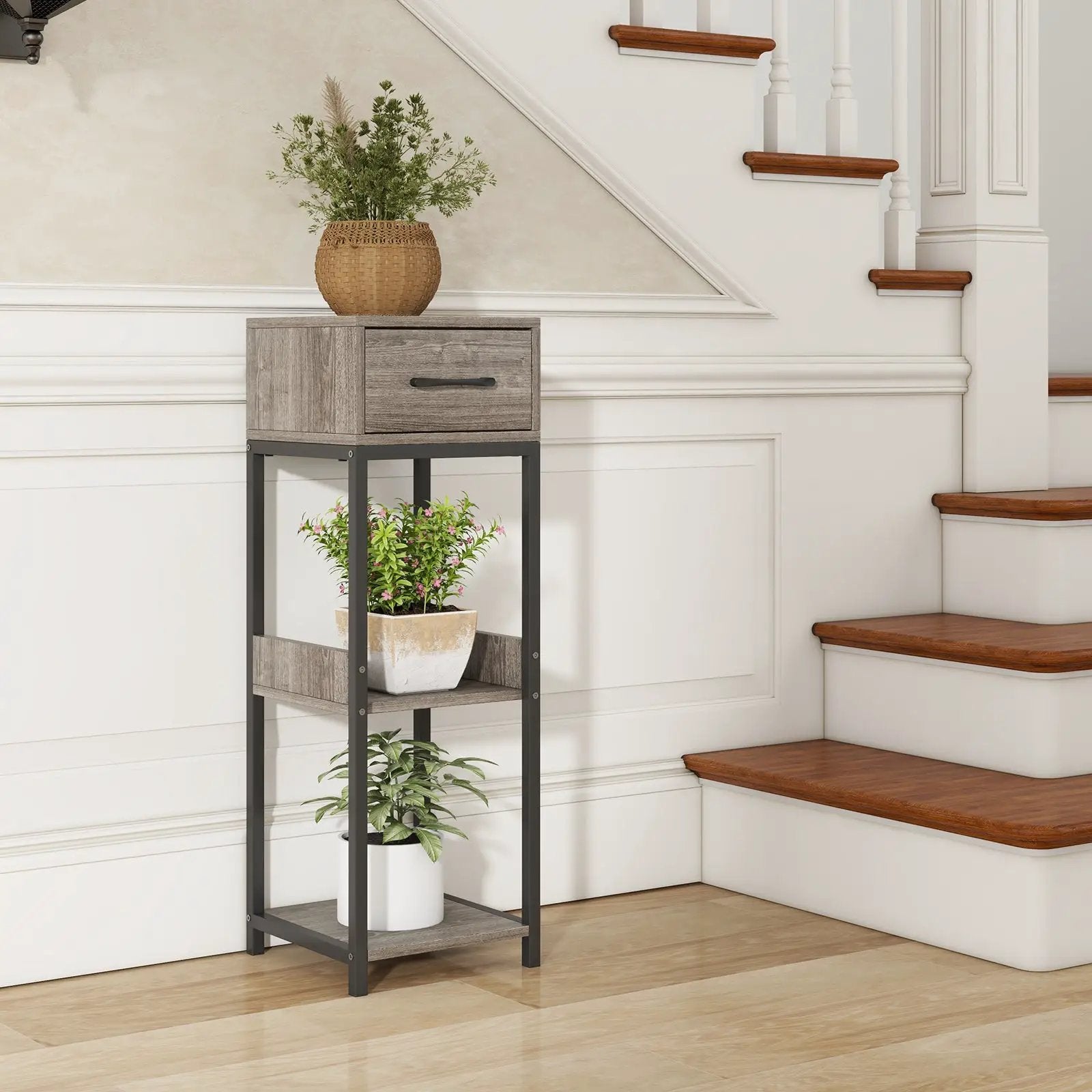 3 Tier Tall Plant Stand with Drawer Anti-tipping Devices-Gray by DirectDeals