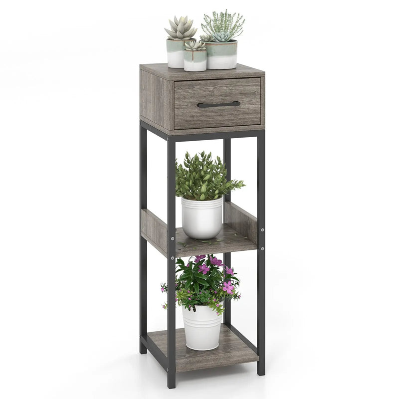 3 Tier Tall Plant Stand with Drawer Anti-tipping Devices-Gray by DirectDeals