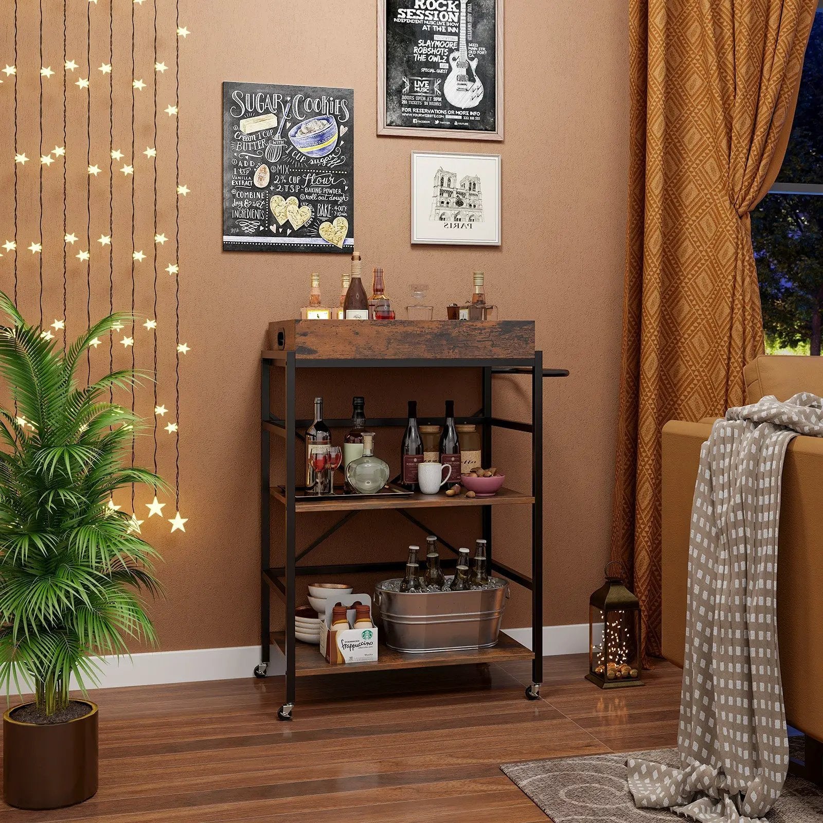 3-Tier Industrial Bar Cart with Detachable Tray for Kitchens-Rustic Brown by DirectDeals