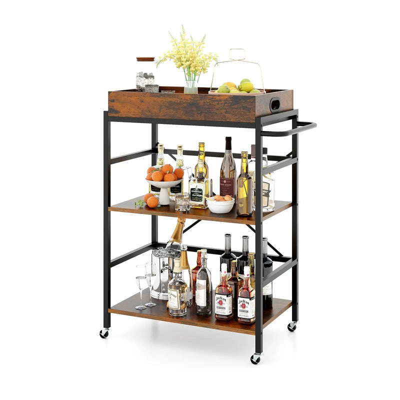 3-Tier Industrial Bar Cart with Detachable Tray for Kitchens-Rustic Brown by DirectDeals
