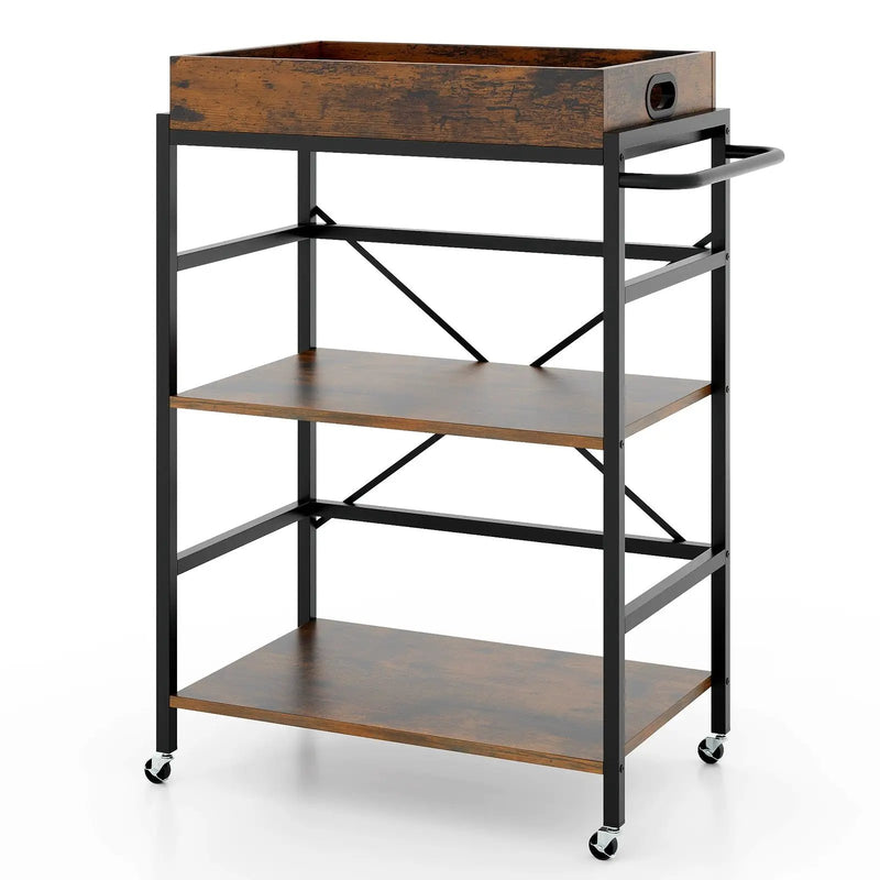 3-Tier Industrial Bar Cart with Detachable Tray for Kitchens-Rustic Brown by DirectDeals