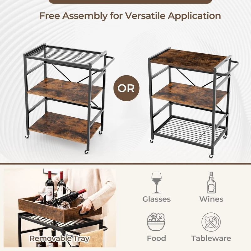 3-Tier Industrial Bar Cart with Detachable Tray for Kitchens-Rustic Brown by DirectDeals