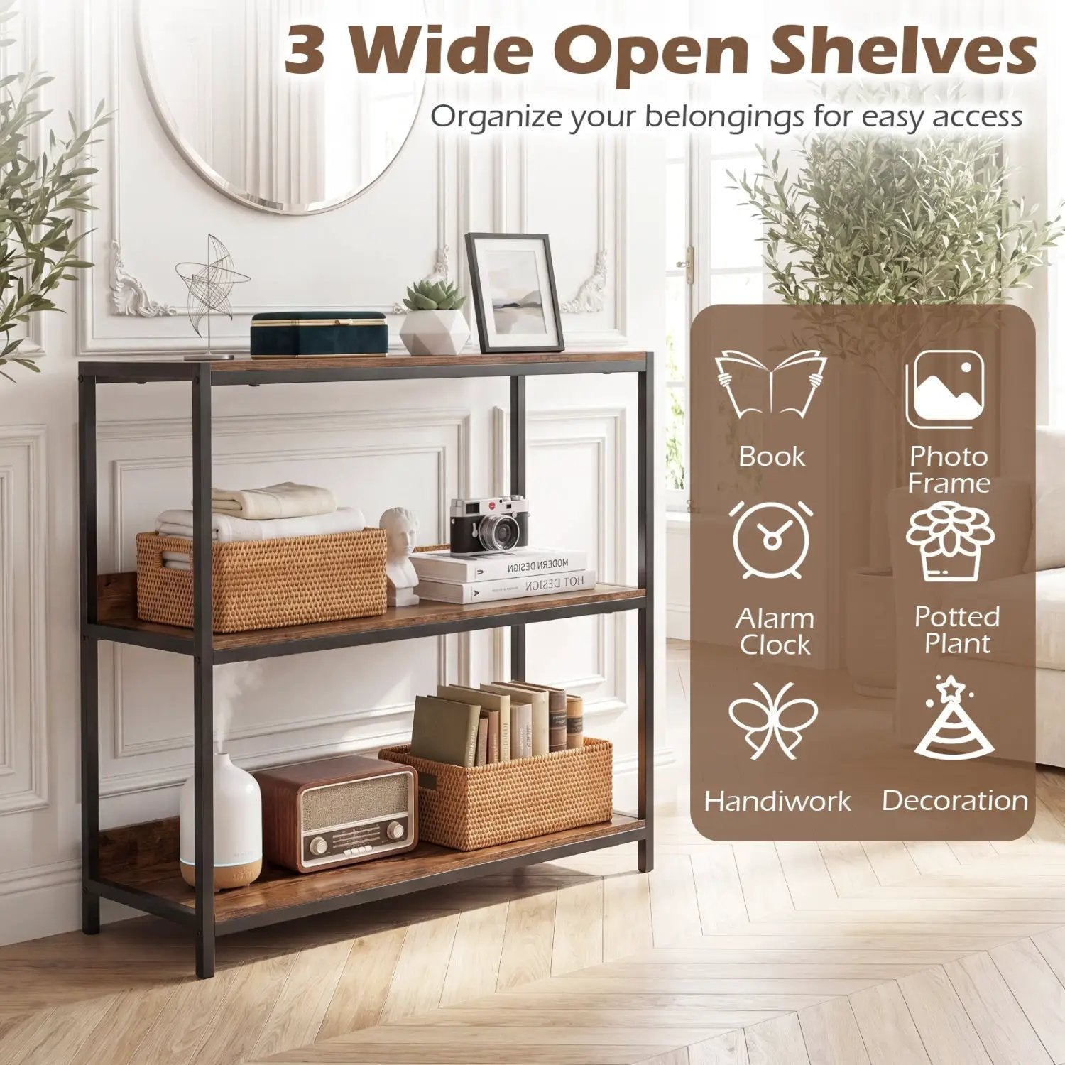 3-Tier Industrial Bookshelf with Wooden Shelves and Metal Frame by DirectDeals