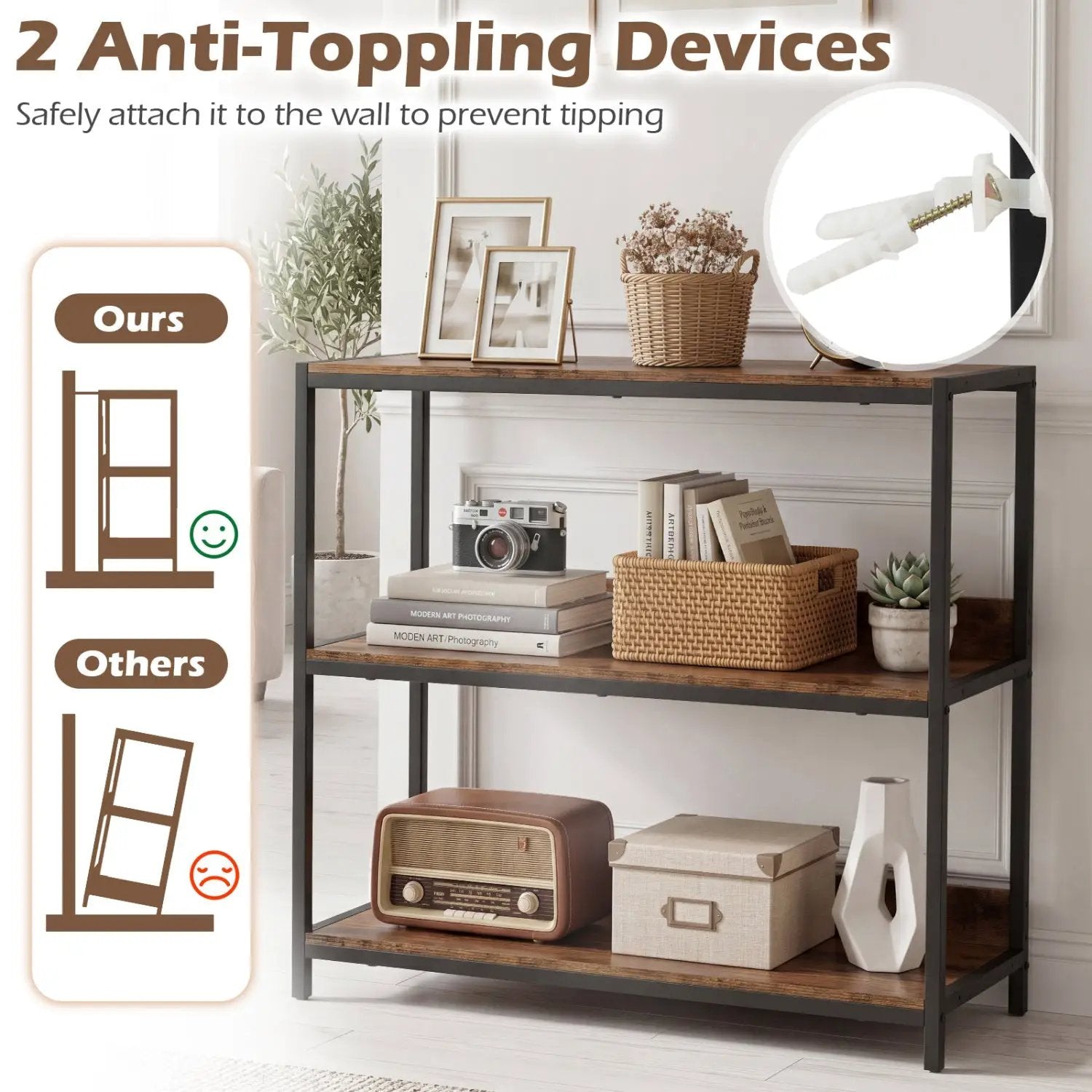 3-Tier Industrial Bookshelf with Wooden Shelves and Metal Frame by DirectDeals