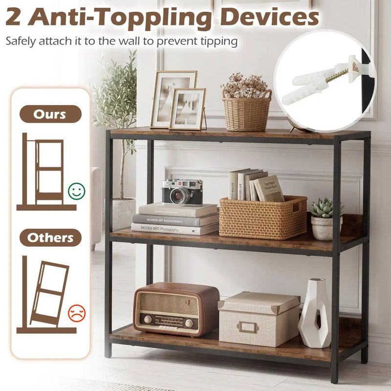 3-Tier Industrial Bookshelf with Wooden Shelves and Metal Frame by DirectDeals