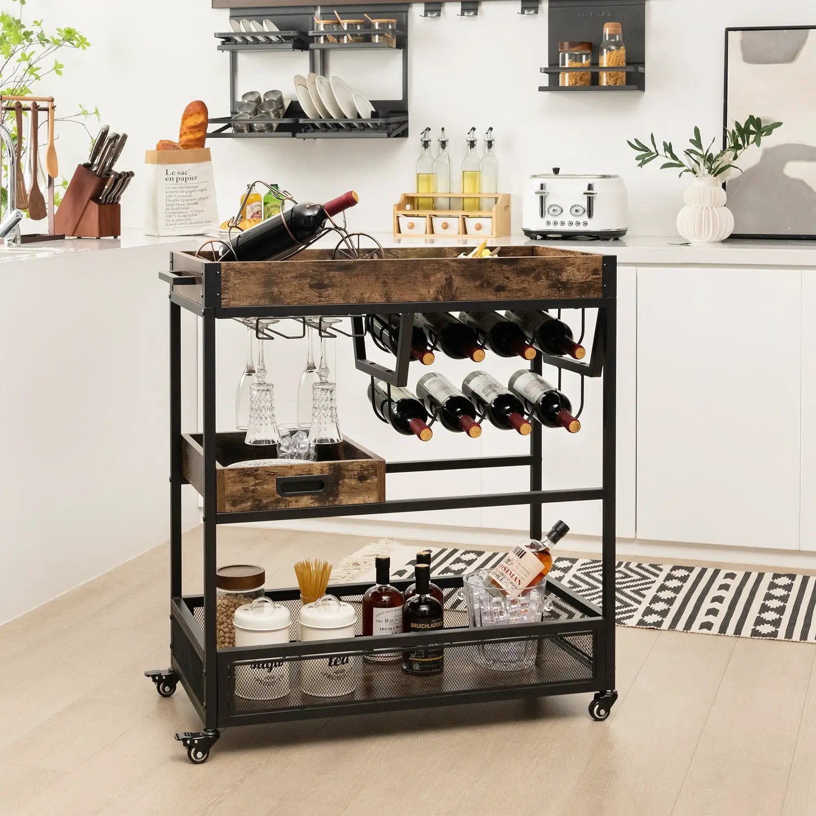 3-Tier Industrial Buffet Serving Cart with Wine Rack by DirectDeals