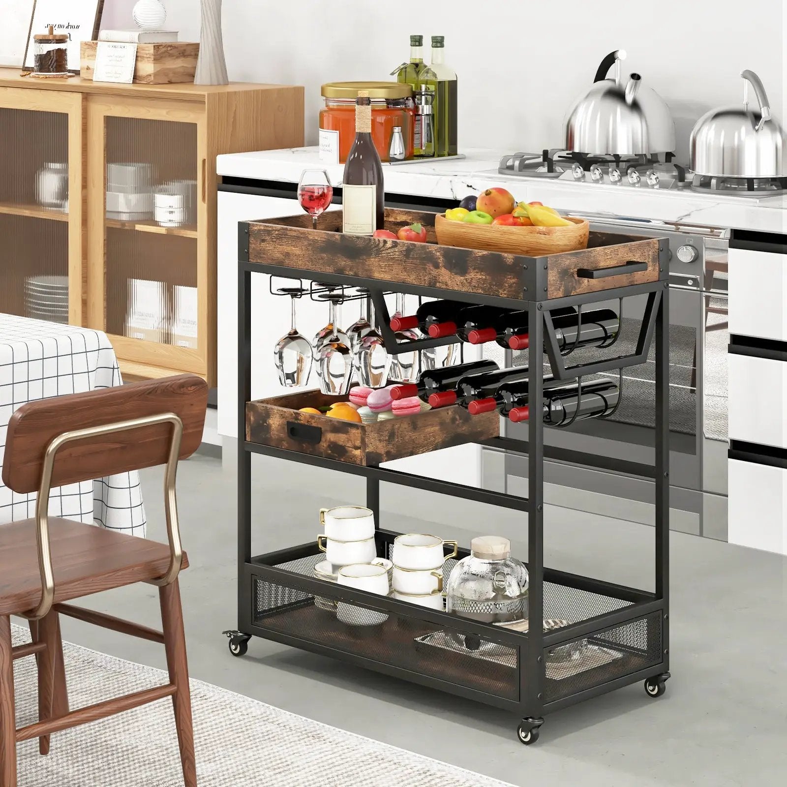 3-Tier Industrial Buffet Serving Cart with Wine Rack by DirectDeals