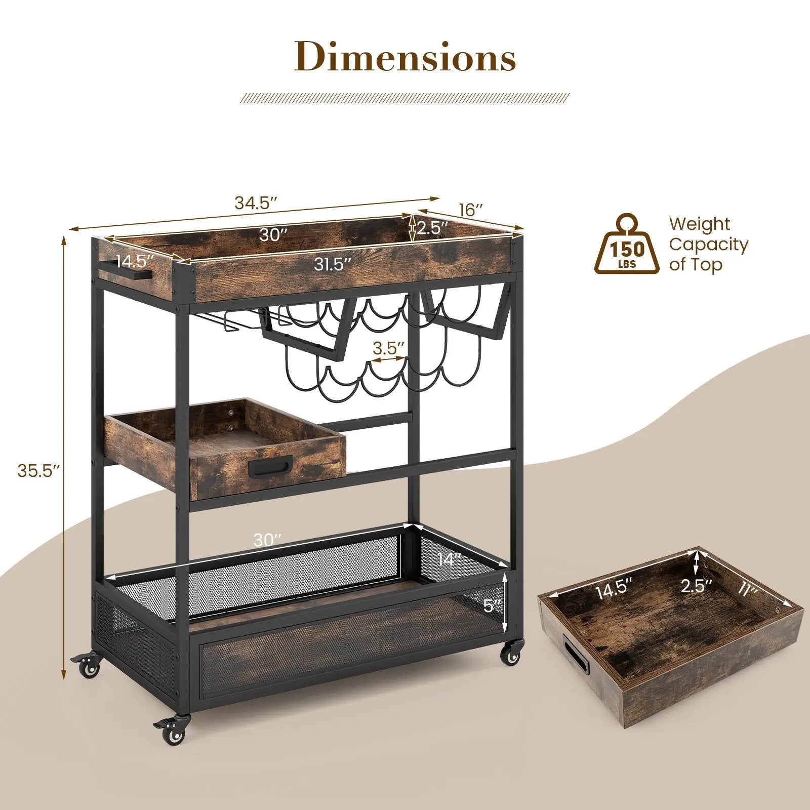 3-Tier Industrial Buffet Serving Cart with Wine Rack by DirectDeals