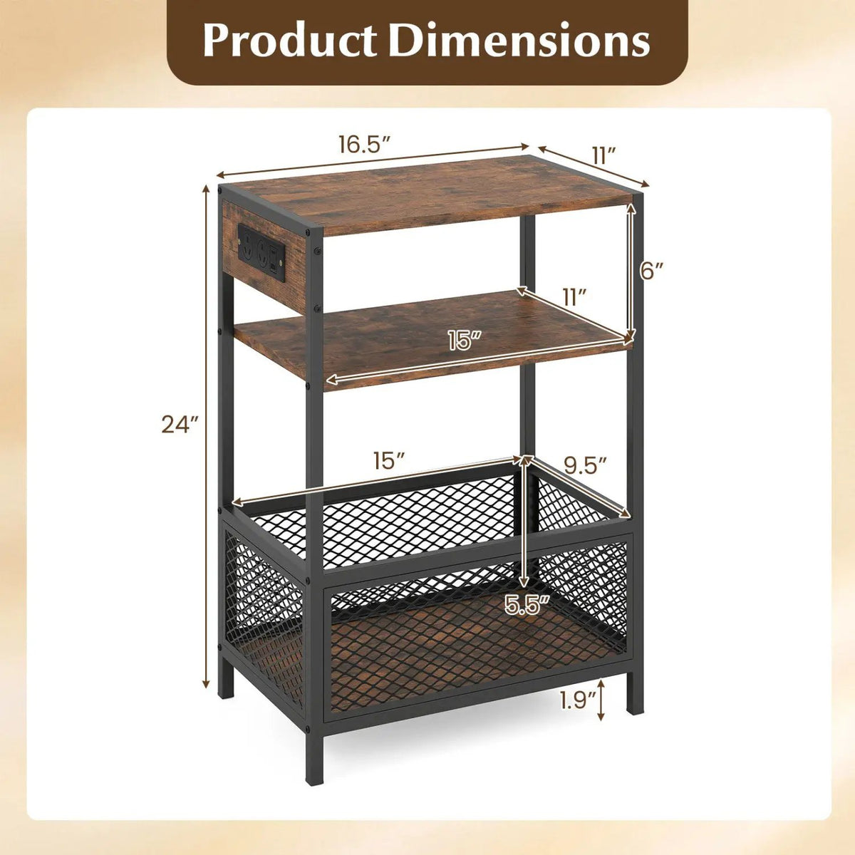 Industrial Side Table with USB-C & AC Outlets, 3-Tier by DirectDeals