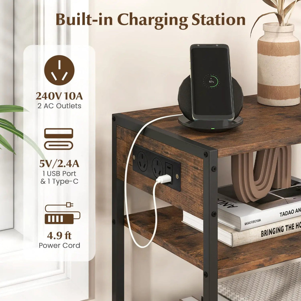 Industrial Side Table with USB-C & AC Outlets, 3-Tier by DirectDeals