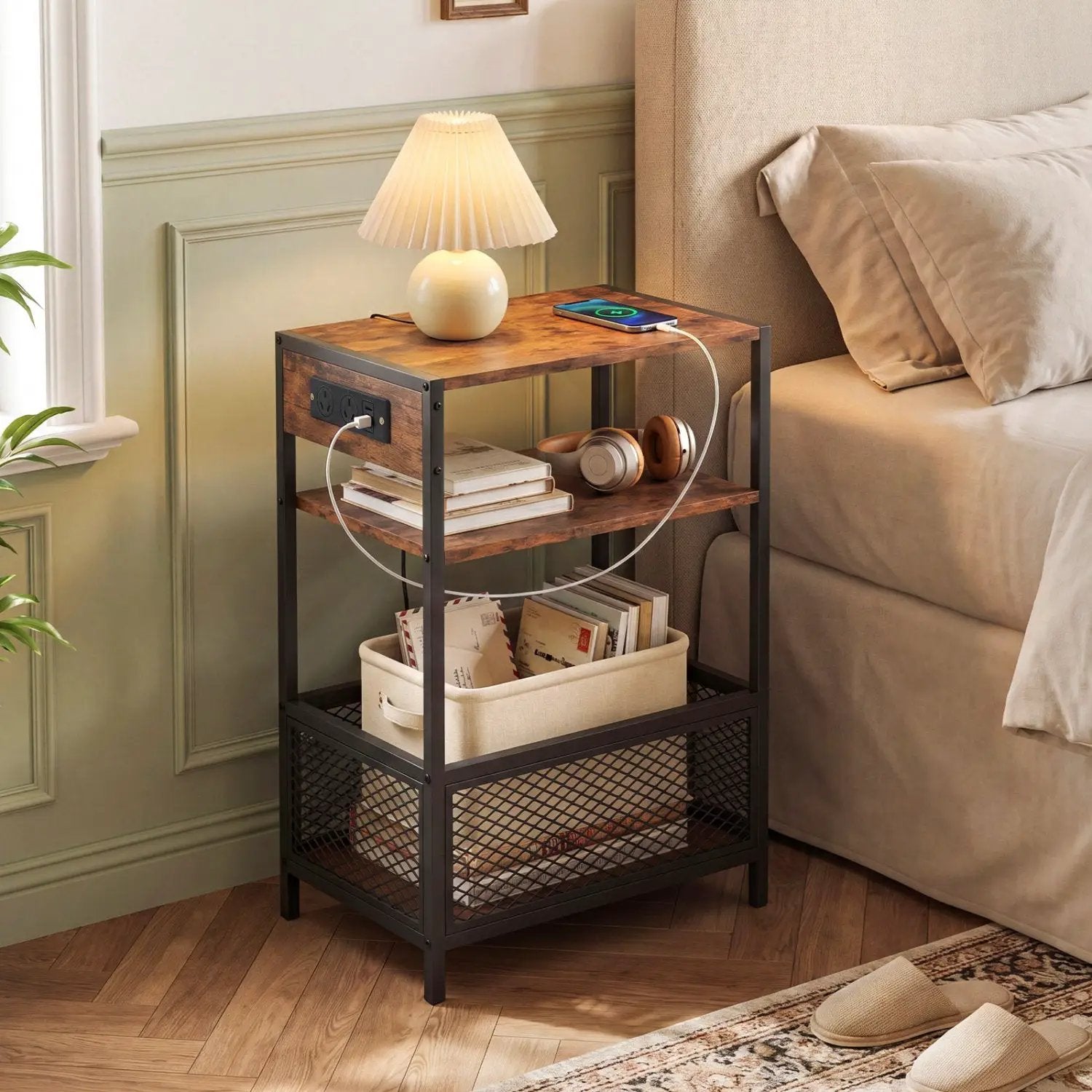 Industrial Side Table with Built-In Charging Station by DirectDeals