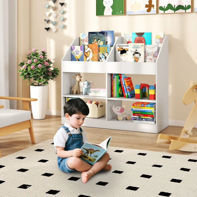 3-Tier Kid's Bookshelf Toy Storage Organizer with Display Rack and 4 Compartments-White by DirectDeals