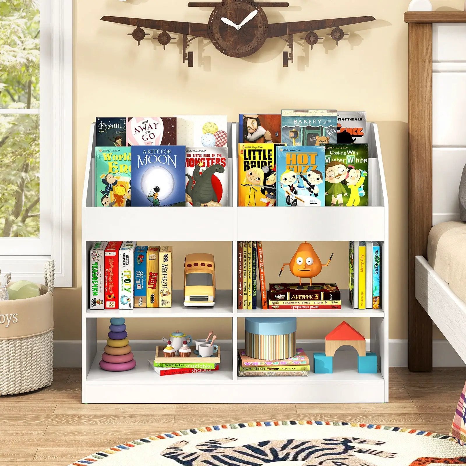 3-Tier Kid's Bookshelf Toy Storage Organizer with Display Rack and 4 Compartments-White by DirectDeals