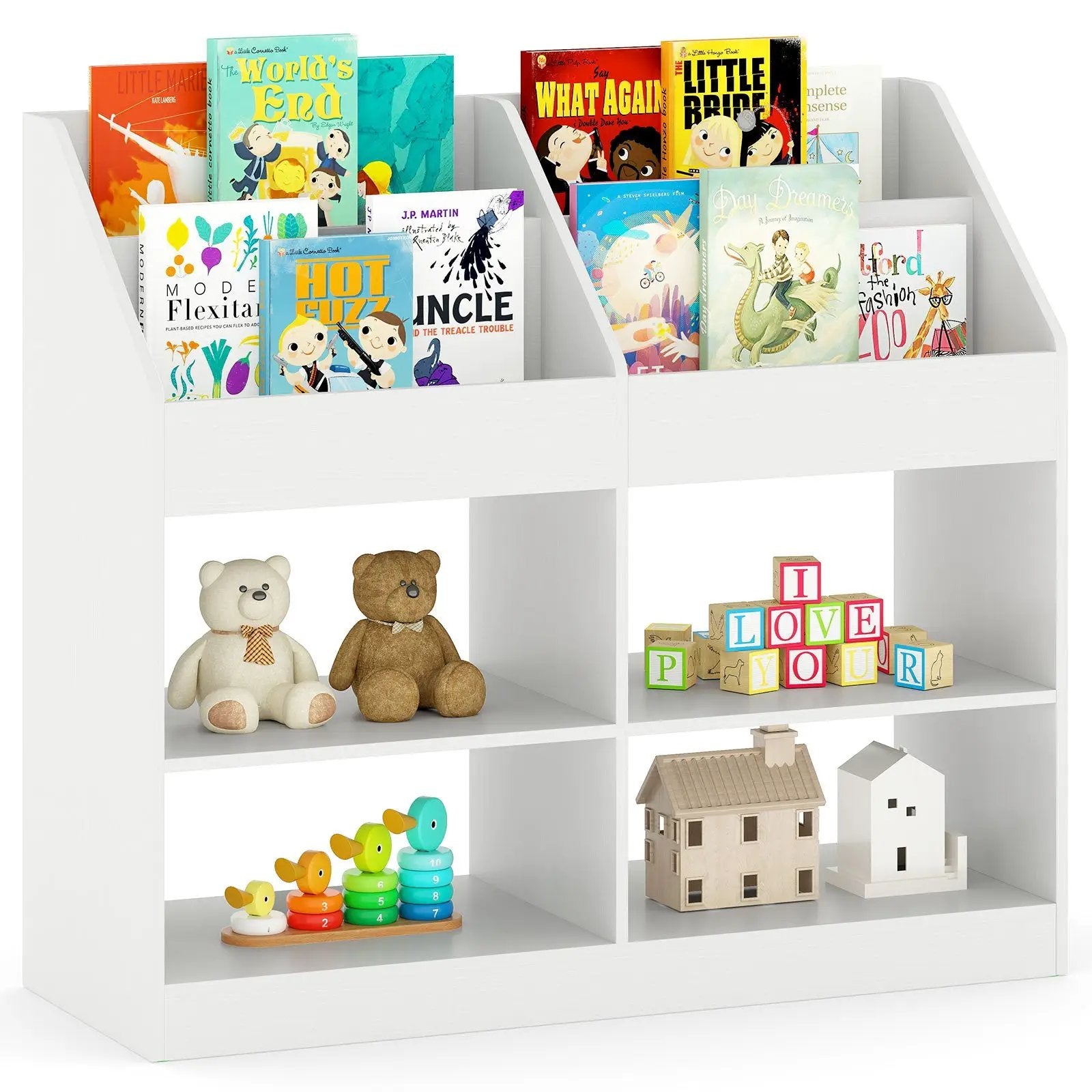 3-Tier Kid's Bookshelf Toy Storage Organizer with Display Rack and 4 Compartments-White by DirectDeals
