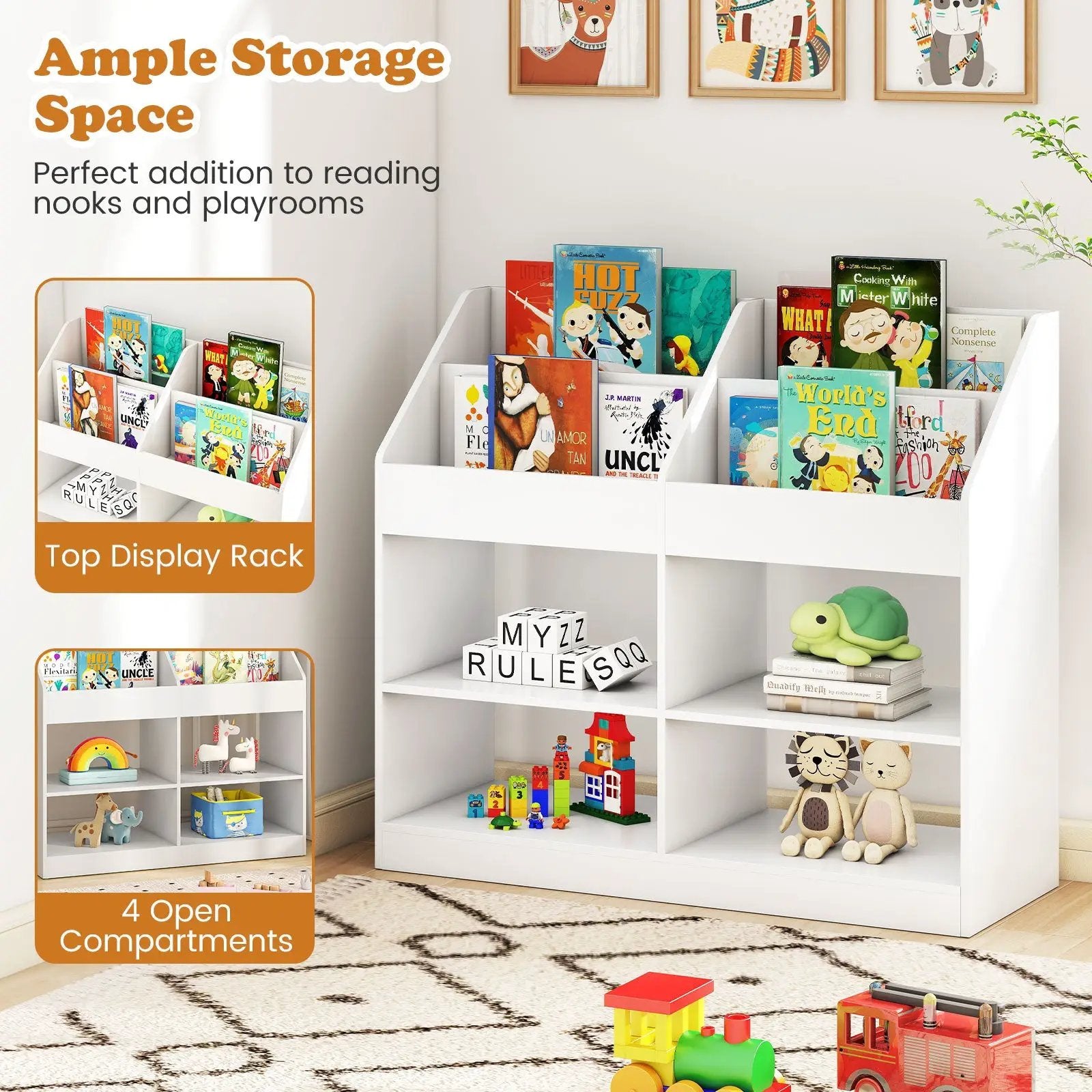 3-Tier Kid's Bookshelf Toy Storage Organizer with Display Rack and 4 Compartments-White by DirectDeals