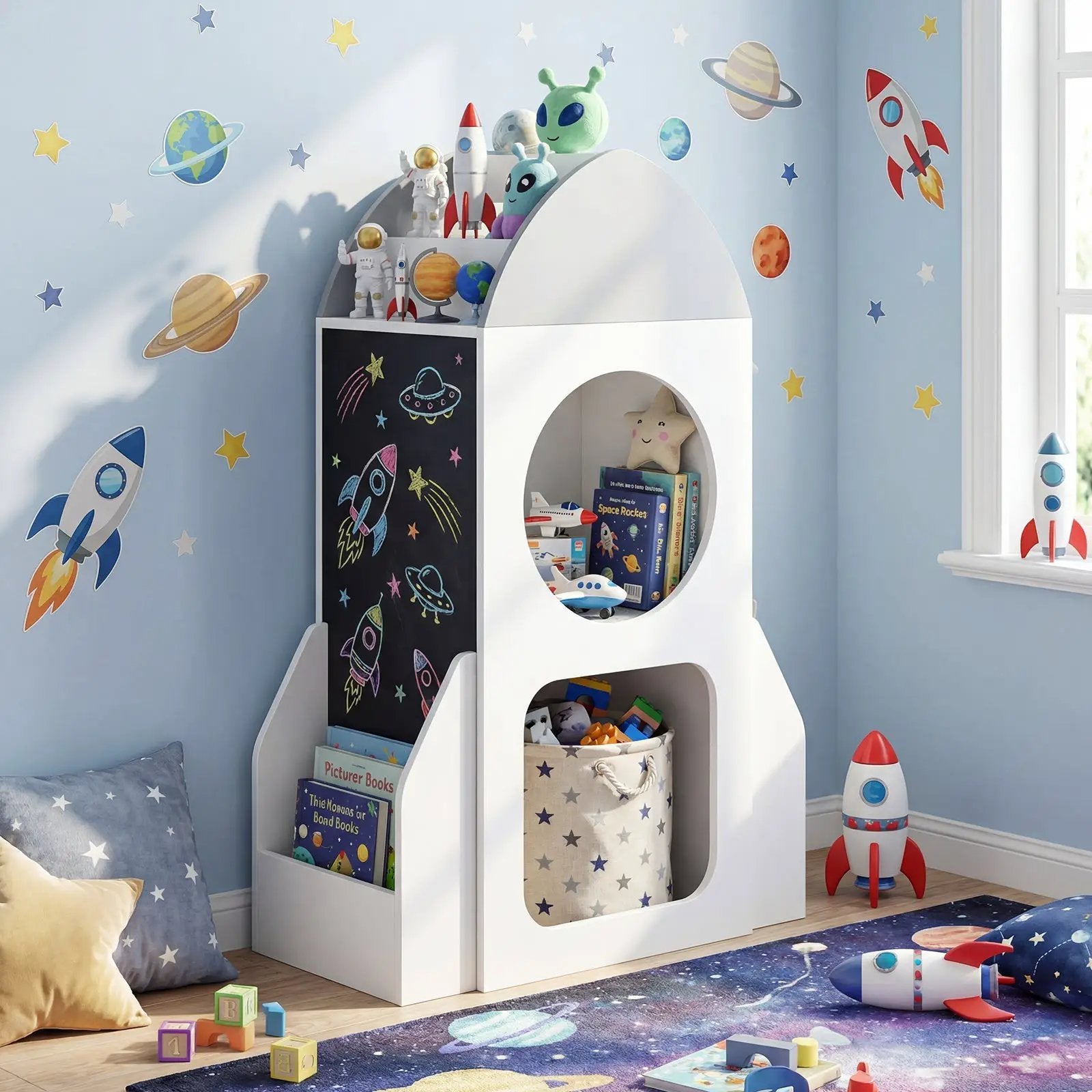 3-Tier Kids Bookshelf Rocket Space Theme Toddler Toy Storage Organizer-White by DirectDeals