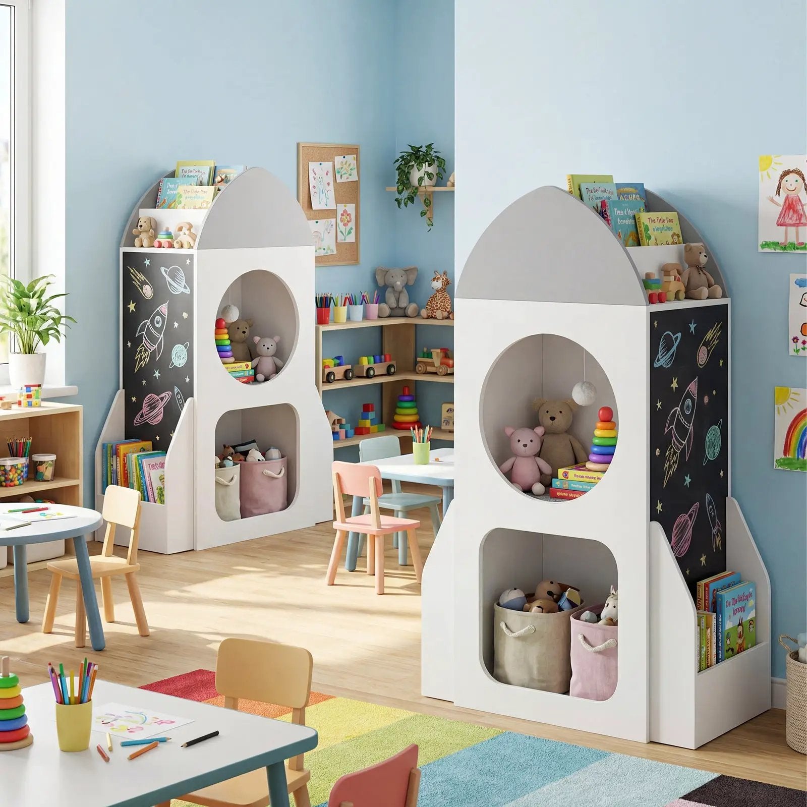 3-Tier Kids Bookshelf Rocket Space Theme Toddler Toy Storage Organizer-White by DirectDeals