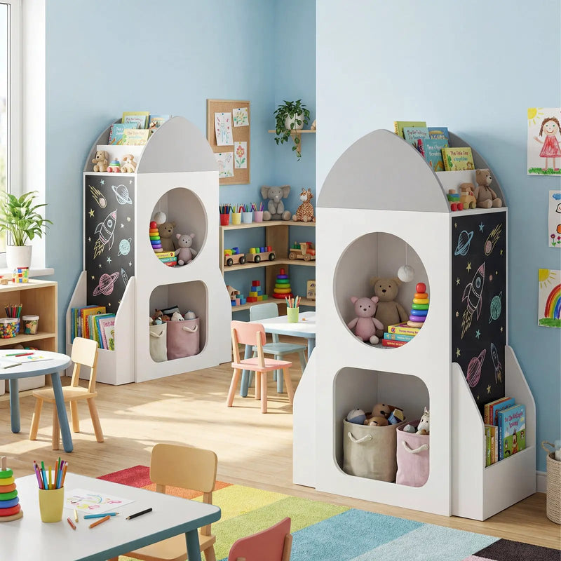 3-Tier Kids Bookshelf Rocket Space Theme Toddler Toy Storage Organizer-White by DirectDeals