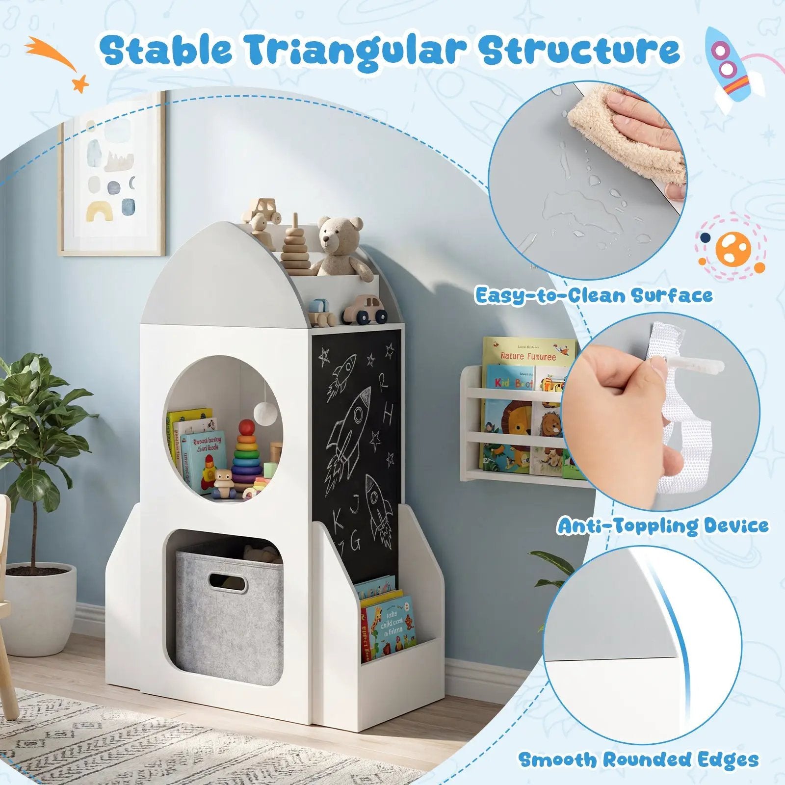 3-Tier Kids Bookshelf Rocket Space Theme Toddler Toy Storage Organizer-White by DirectDeals