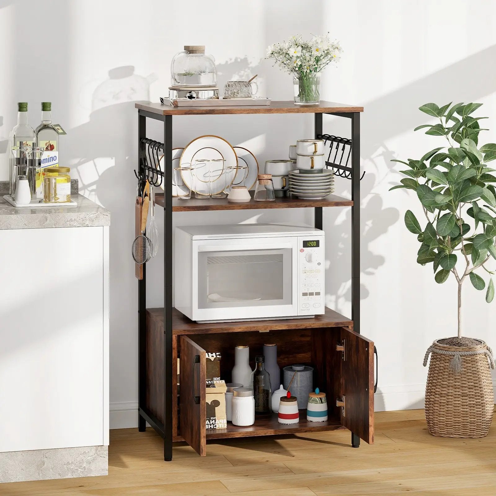 3-Tier Kitchen Baker’s Rack with Cabinet and 2 Open Shelves-Brown by DirectDeals
