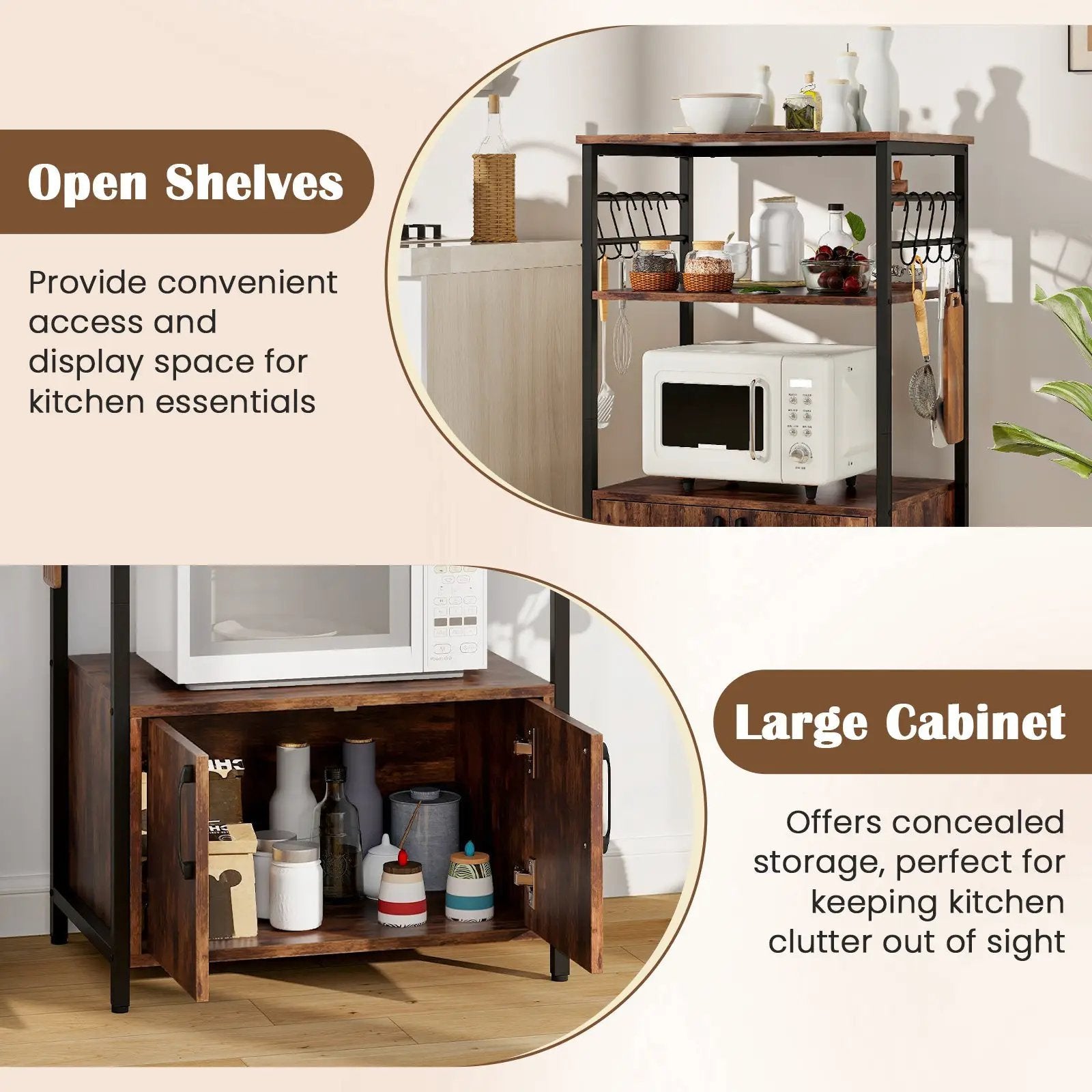 3-Tier Kitchen Baker’s Rack with Cabinet and 2 Open Shelves-Brown by DirectDeals