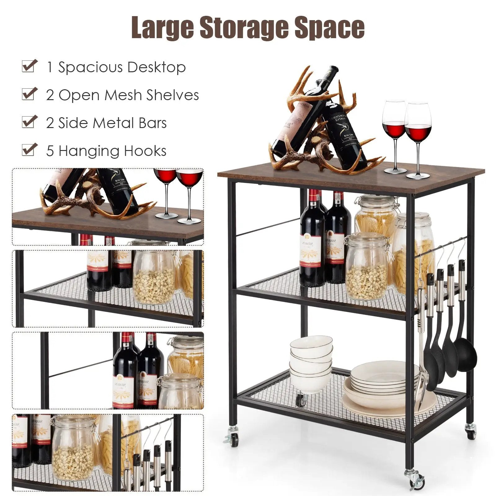 3-Tier Kitchen Utility Industrial Cart with Storage-Brown by DirectDeals