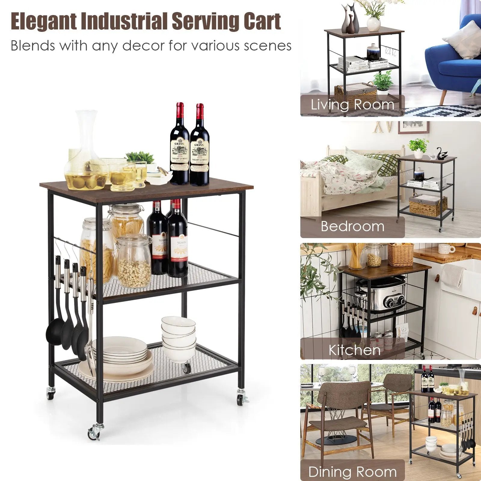 3-Tier Kitchen Utility Industrial Cart with Storage-Brown by DirectDeals
