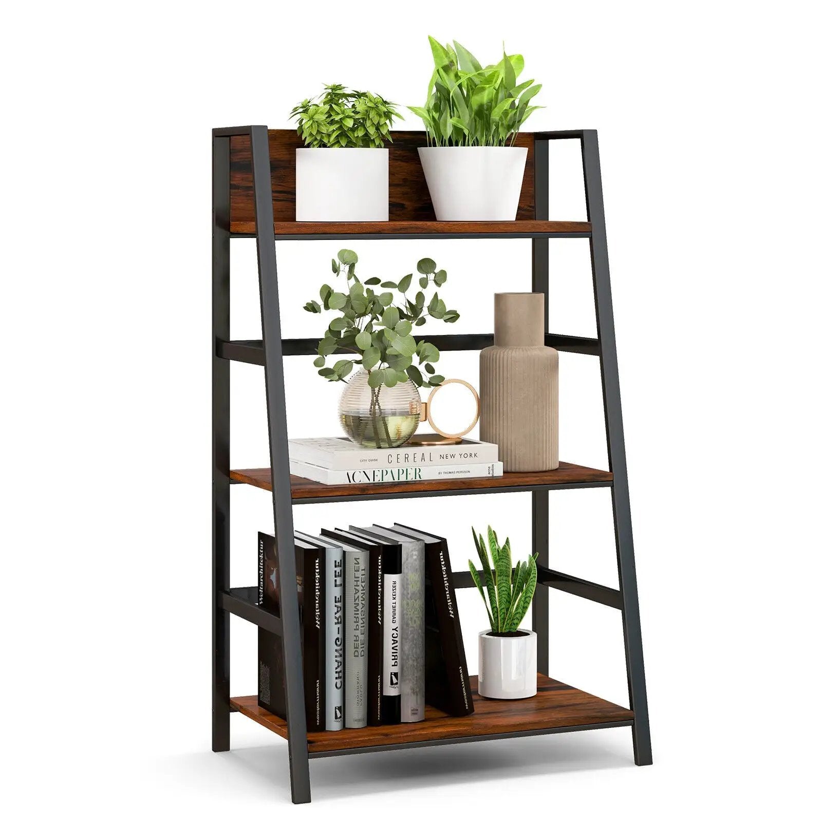 3-Tier Ladder Industrial Bookshelf with Metal Frame by DirectDeals