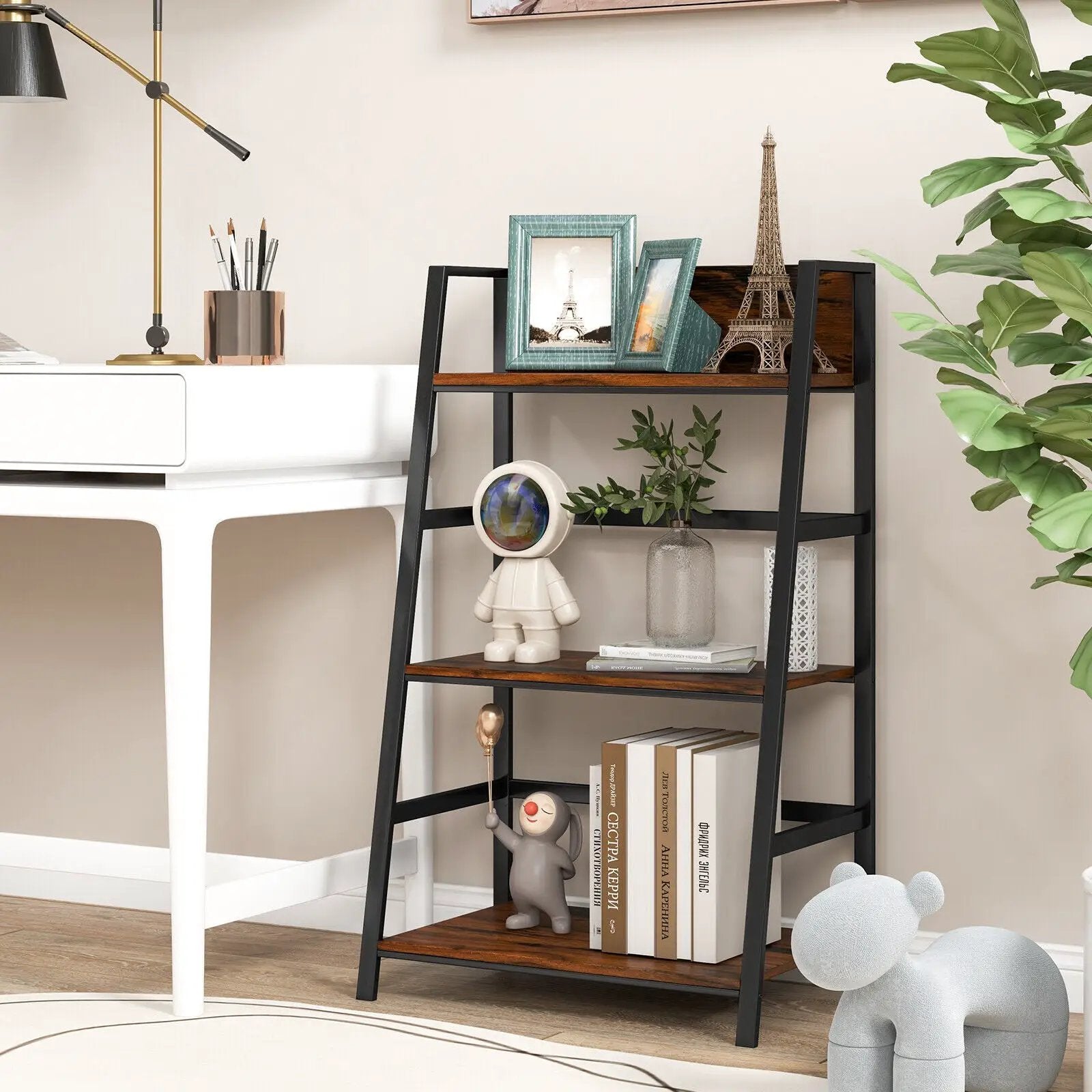 3-Tier Ladder Industrial Bookshelf with Metal Frame by DirectDeals